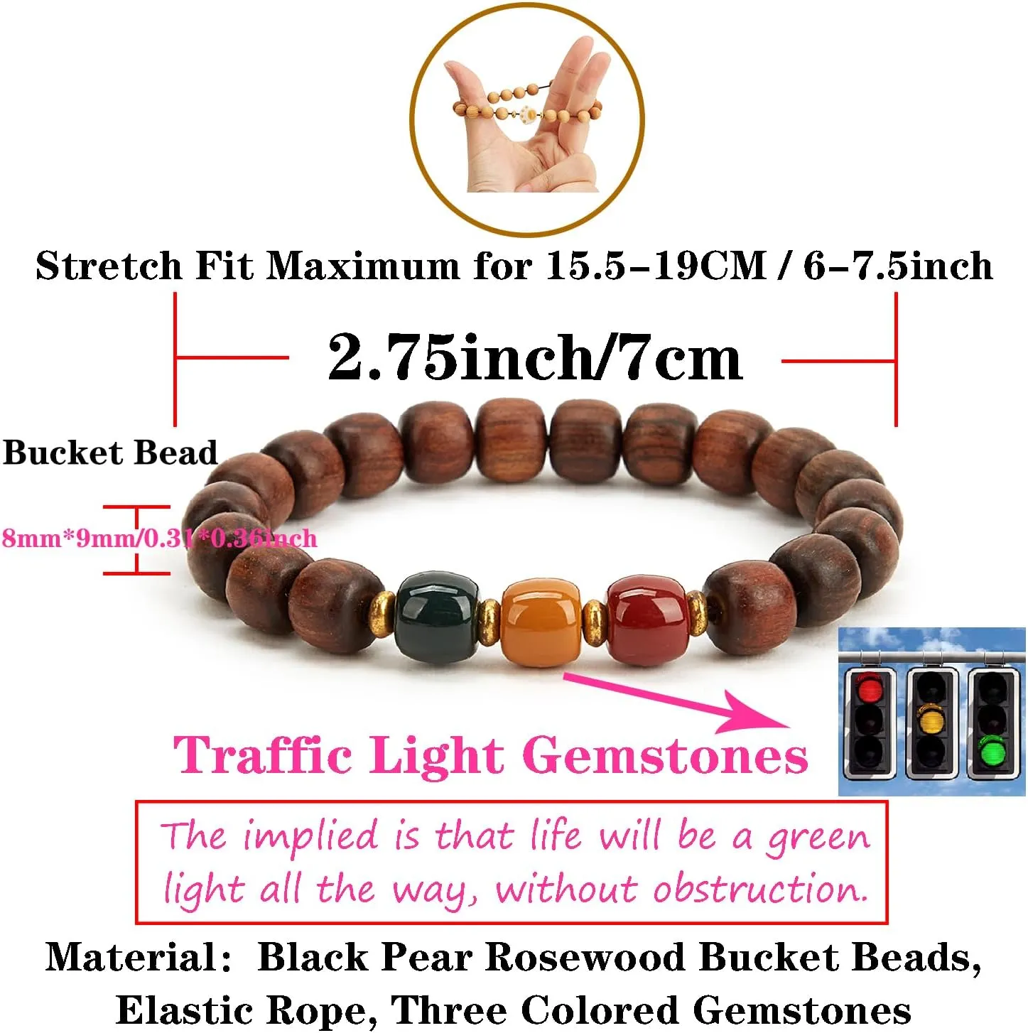 Traffic Light Gemstones Paired with Rosewood Beads Bracelet - Red, Yellow, Green Gemstones for Prosperity, Attract Abundance, Good Luck Feng Shui, Spiritual Mood Energy Protection