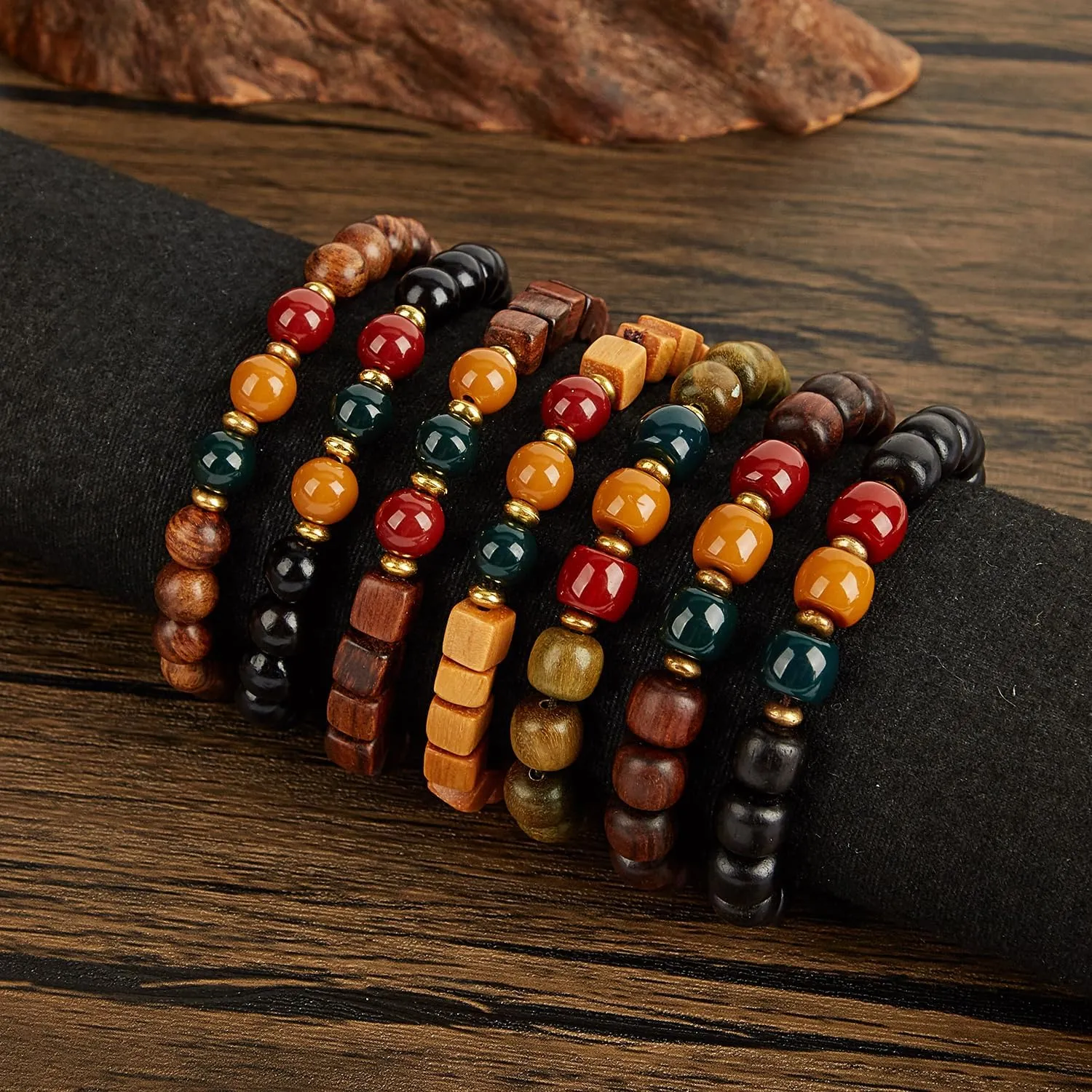 Traffic Light Gemstones Paired with Rosewood Beads Bracelet - Red, Yellow, Green Gemstones for Prosperity, Attract Abundance, Good Luck Feng Shui, Spiritual Mood Energy Protection