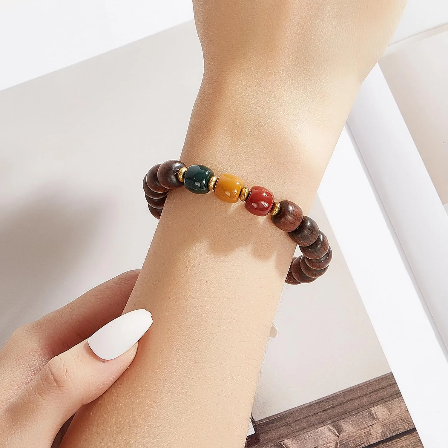 Traffic Light Gemstones Paired with Rosewood Beads Bracelet - Red, Yellow, Green Gemstones for Prosperity, Attract Abundance, Good Luck Feng Shui, Spiritual Mood Energy Protection