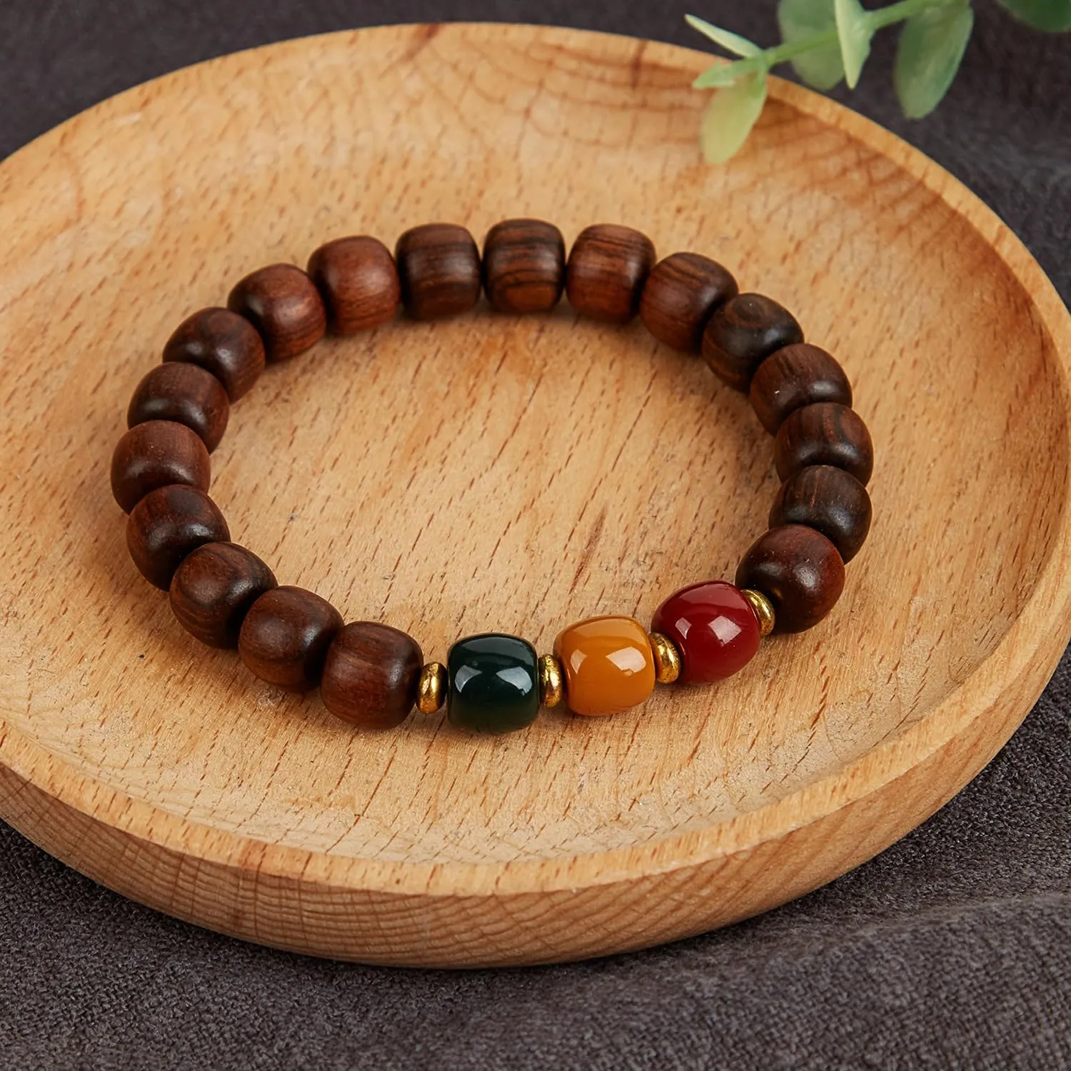 Traffic Light Gemstones Paired with Rosewood Beads Bracelet - Red, Yellow, Green Gemstones for Prosperity, Attract Abundance, Good Luck Feng Shui, Spiritual Mood Energy Protection
