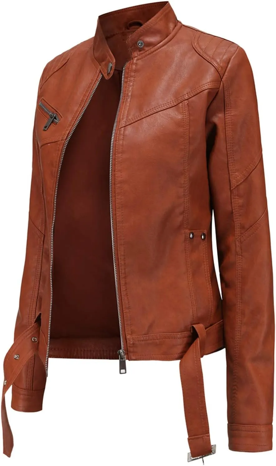 tuduoms Women's Vintage Western Leather Jacket Faux Leather Belted Motorcycle Jacket Slim Fit Stand Collar Short Biker Coat