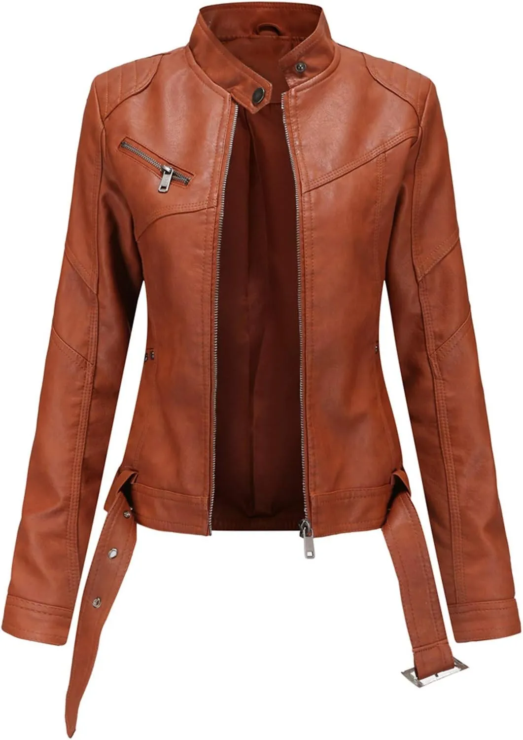 tuduoms Women's Vintage Western Leather Jacket Faux Leather Belted Motorcycle Jacket Slim Fit Stand Collar Short Biker Coat