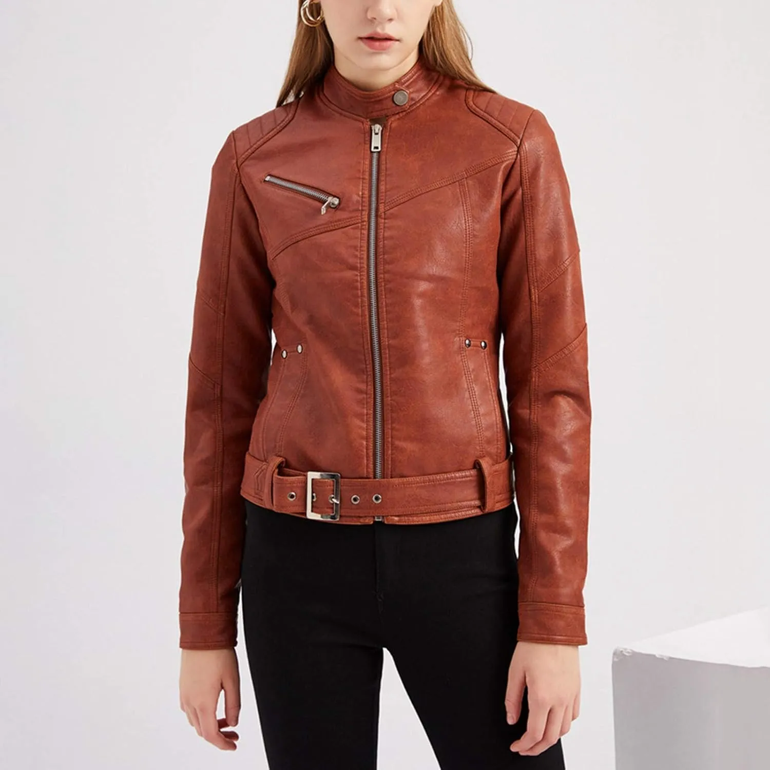 tuduoms Women's Vintage Western Leather Jacket Faux Leather Belted Motorcycle Jacket Slim Fit Stand Collar Short Biker Coat