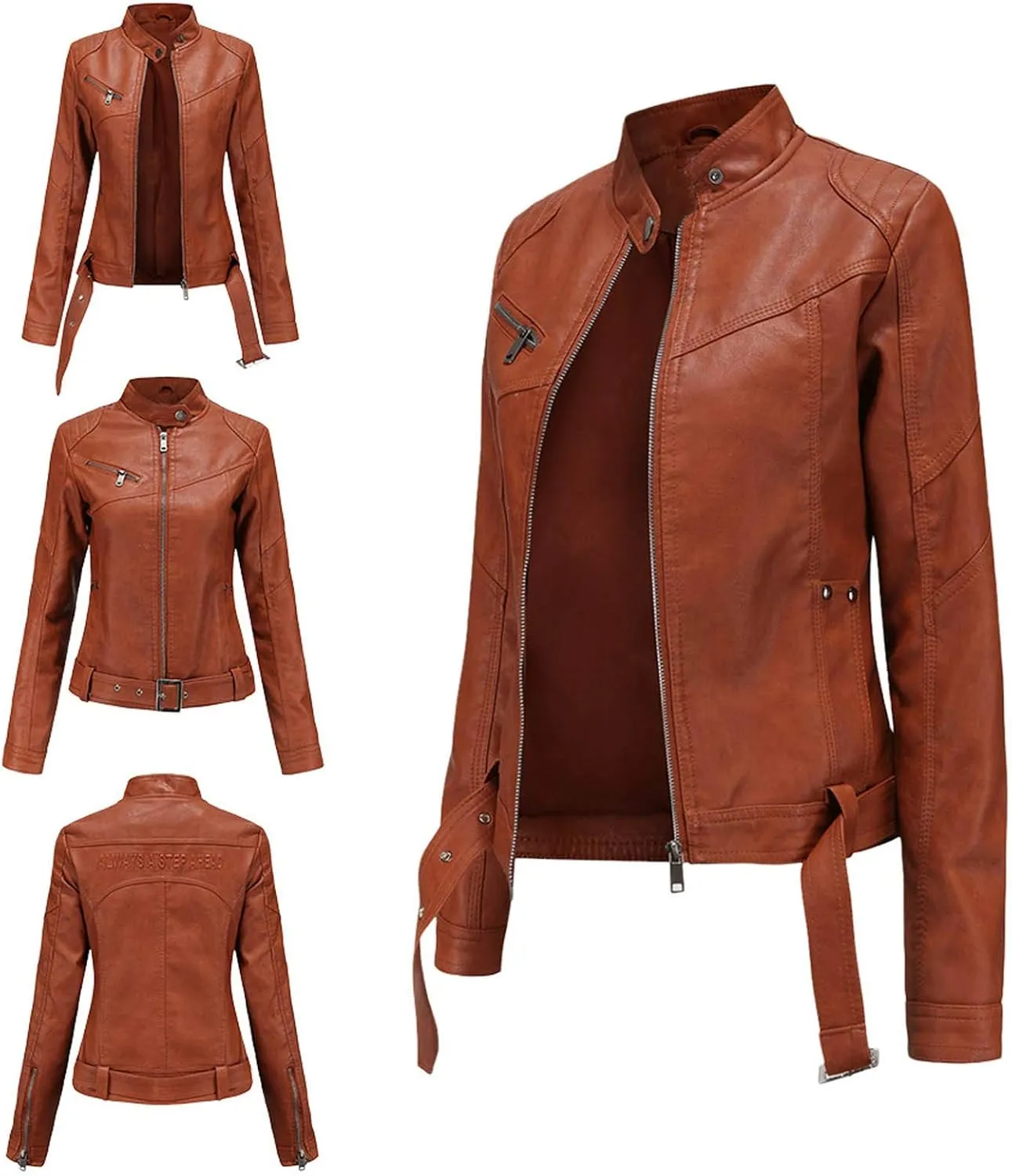 tuduoms Women's Vintage Western Leather Jacket Faux Leather Belted Motorcycle Jacket Slim Fit Stand Collar Short Biker Coat