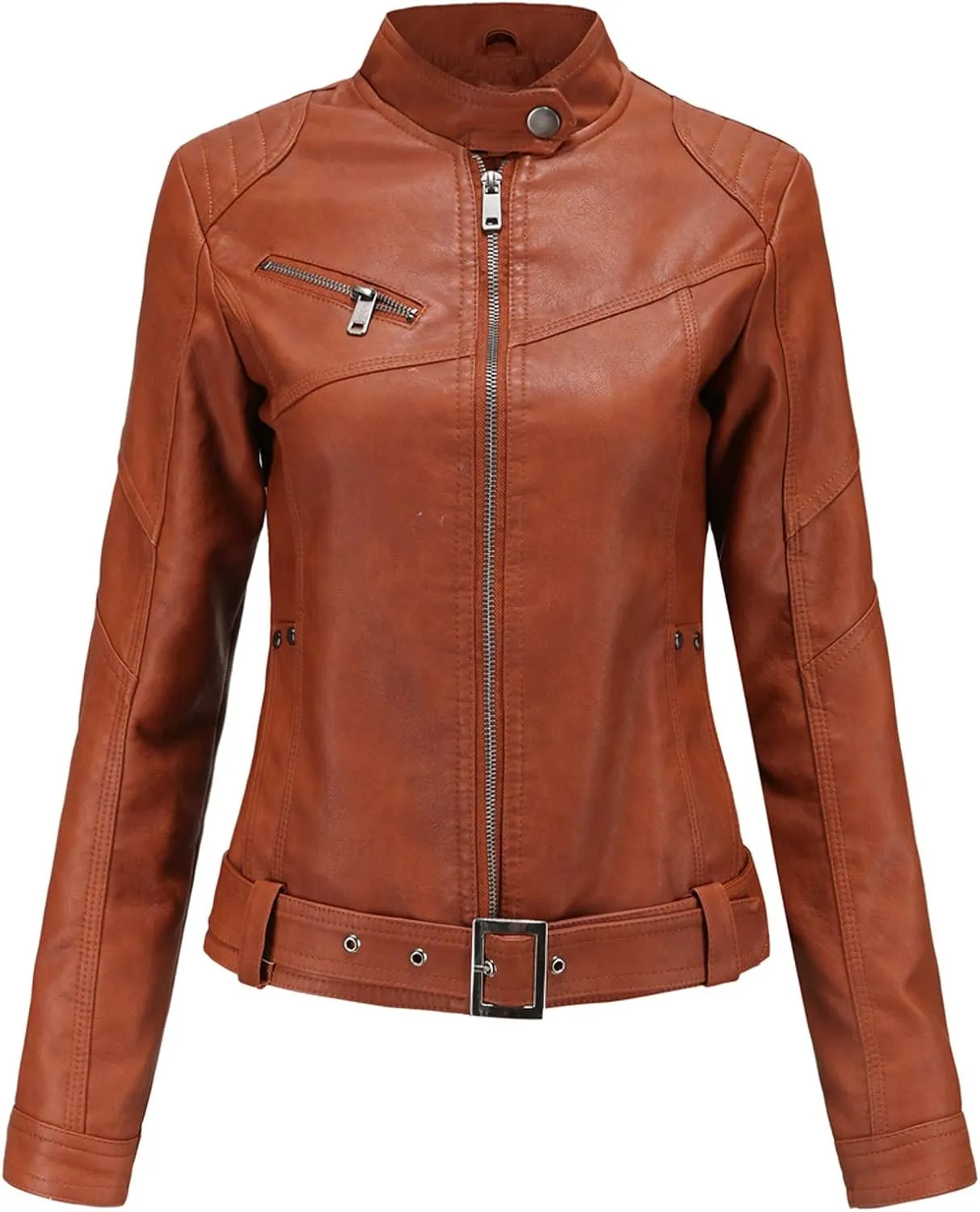 tuduoms Women's Vintage Western Leather Jacket Faux Leather Belted Motorcycle Jacket Slim Fit Stand Collar Short Biker Coat