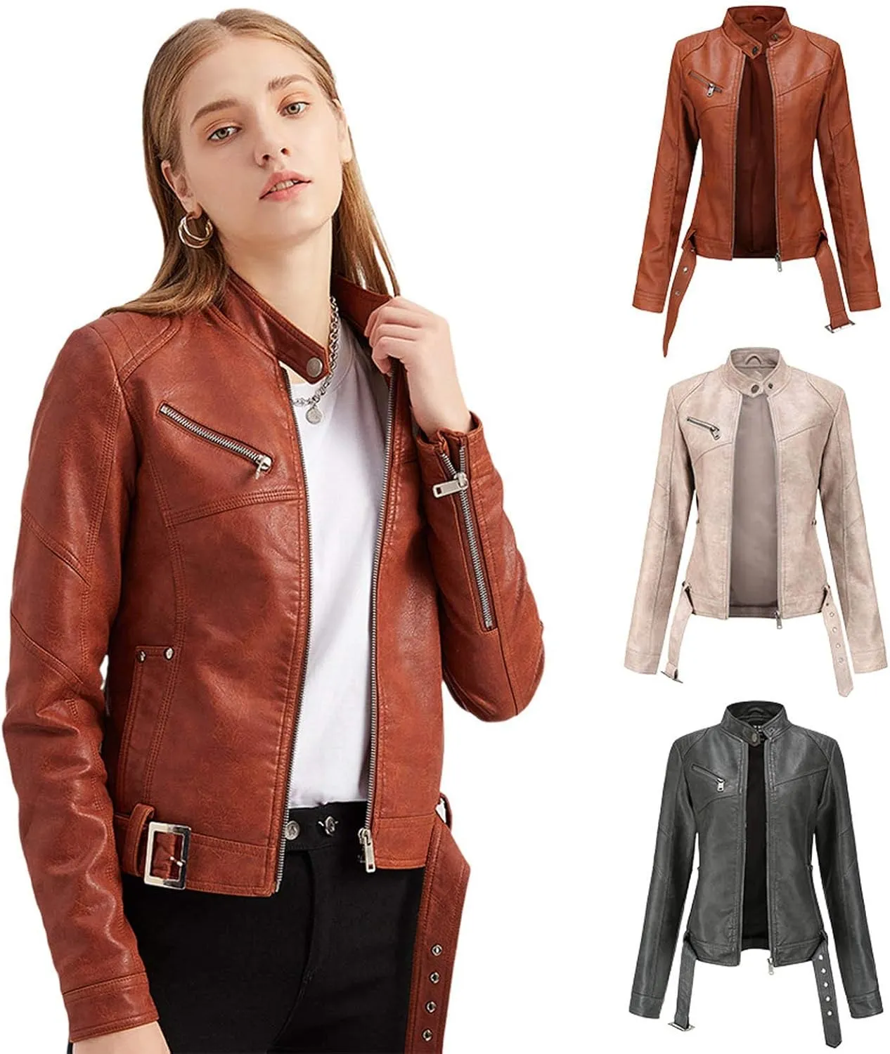 tuduoms Women's Vintage Western Leather Jacket Faux Leather Belted Motorcycle Jacket Slim Fit Stand Collar Short Biker Coat