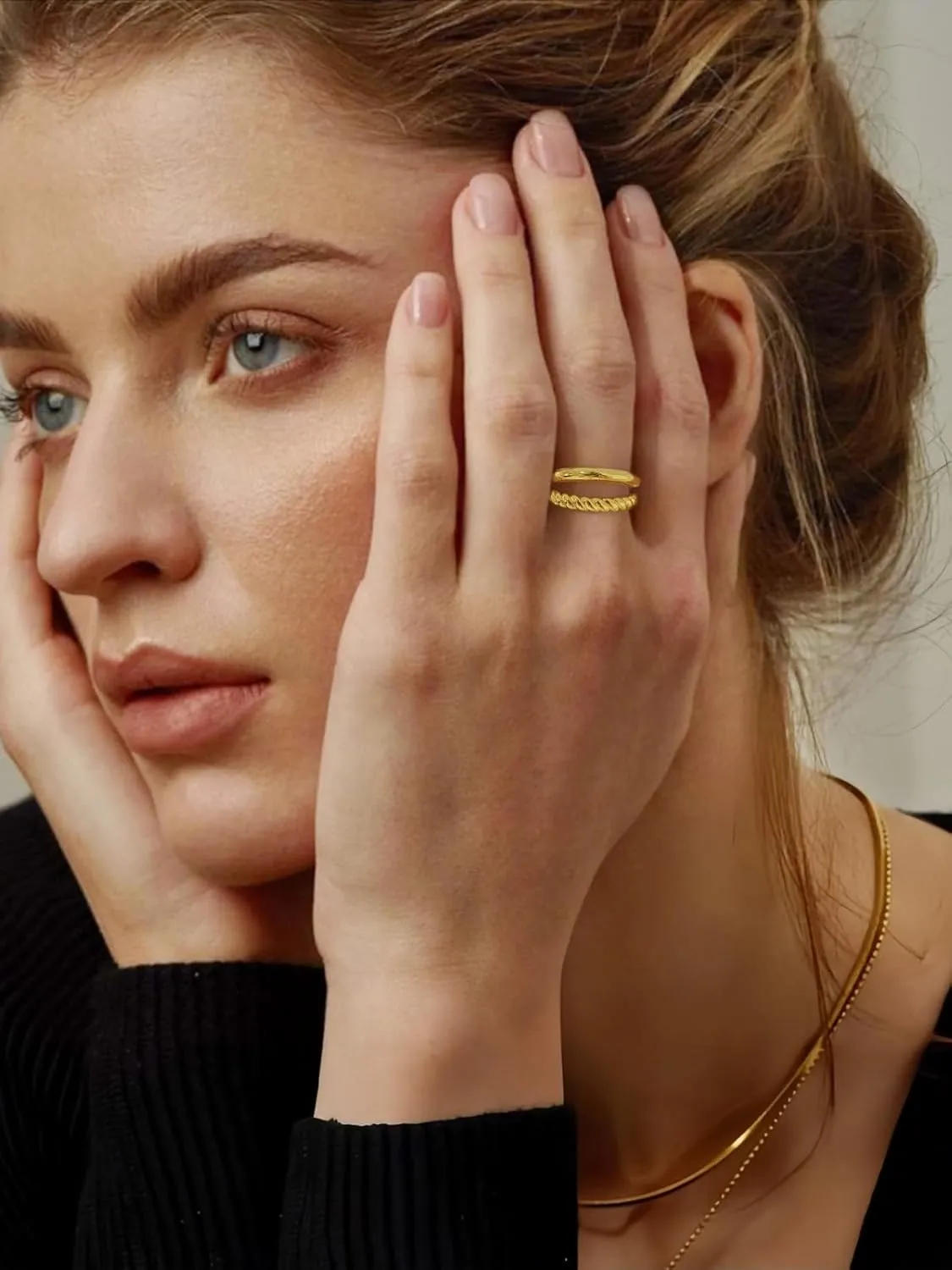 Twisted Chunky Gold Rings for Women Double Layer Hollow Statement Band Rings Dainty High Polish Stackable Ring Size 7/8/9