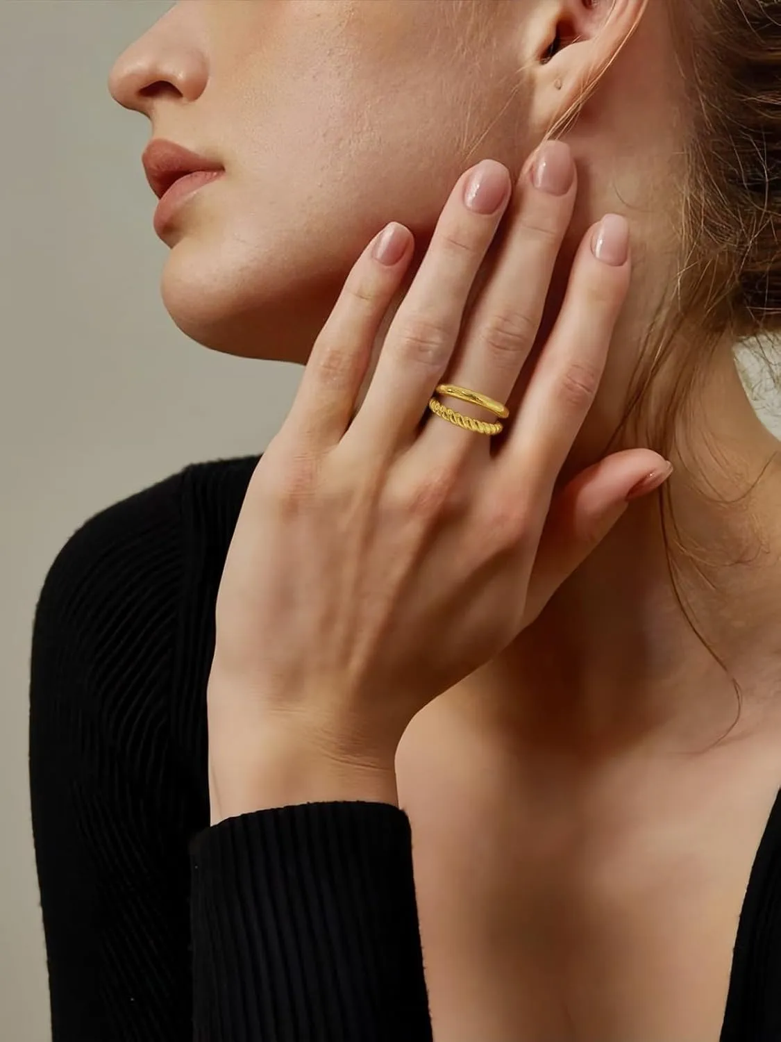 Twisted Chunky Gold Rings for Women Double Layer Hollow Statement Band Rings Dainty High Polish Stackable Ring Size 7/8/9