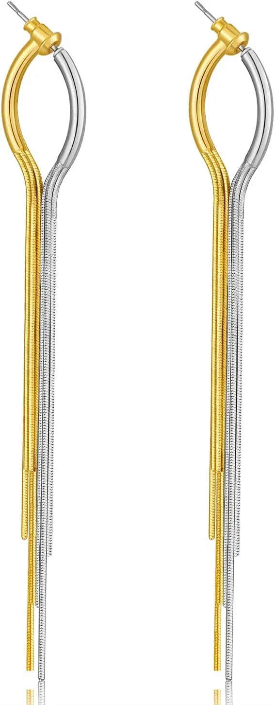 Two-toned Long Chain Earrings For Women Shiny Gold And SIlver Plated Snake Chain Tassel Earrings Trendy Dangle Earrings Lightweight Hypoallergenic Earrings