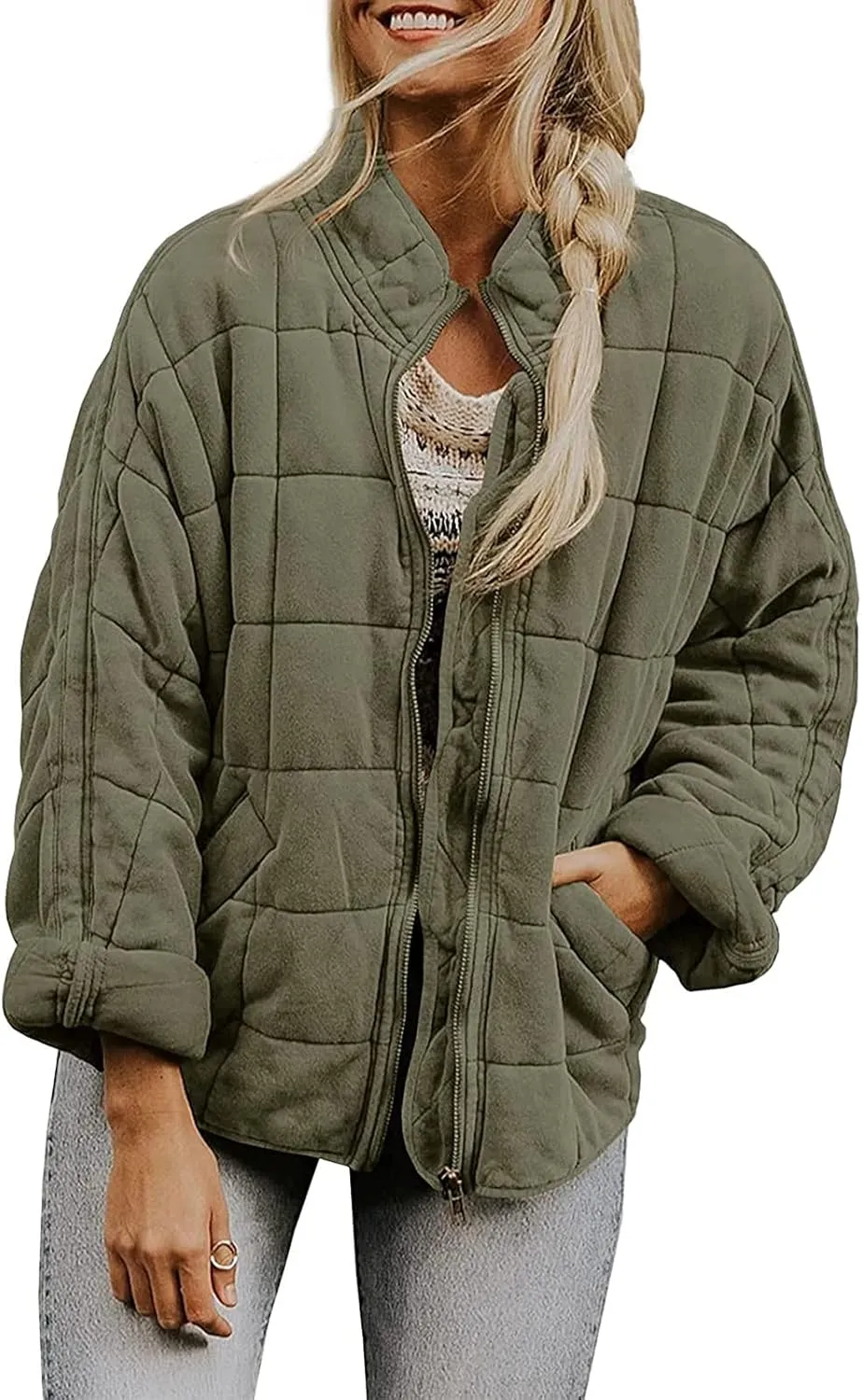 VESNIBA Quilted Jackets for Women Long Sleeve Zip Up Jacket Coat Loose Fit Puffer Shakets Winter Warm Outwear