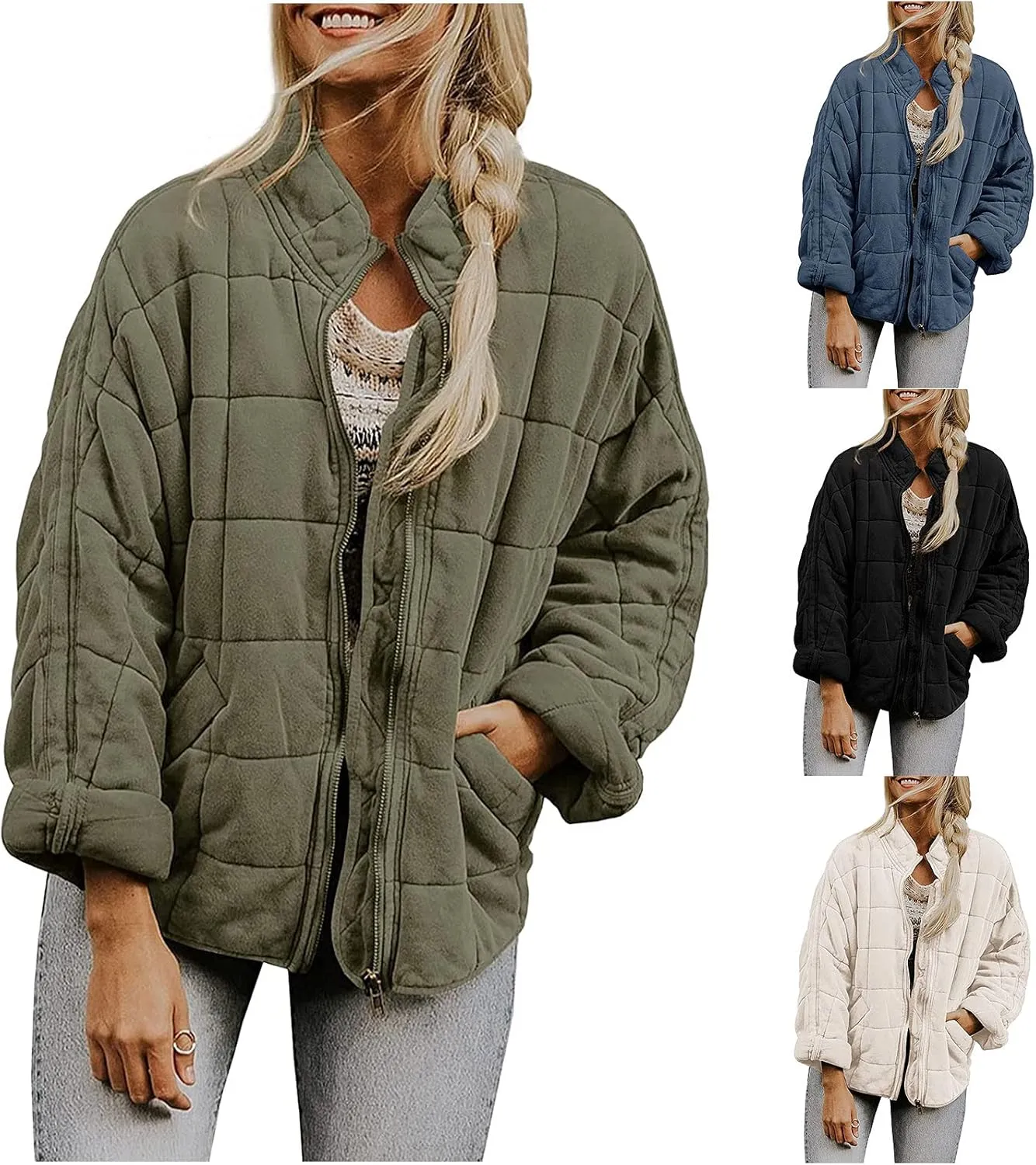 VESNIBA Quilted Jackets for Women Long Sleeve Zip Up Jacket Coat Loose Fit Puffer Shakets Winter Warm Outwear