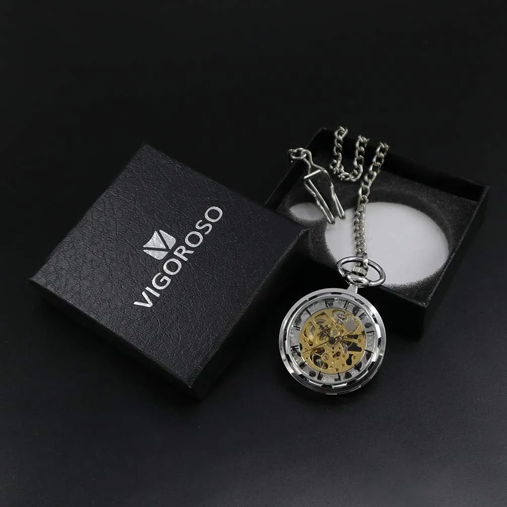 VIGOROSO Mens Classic Steampunk Pocket Watch with Chain Skeleton Hand Wind Mechanical Pocket Watches for Men & Women
