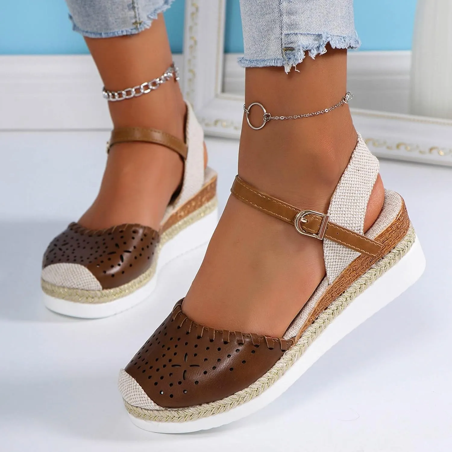 Wedge Sandals for Women Summer Arch Support Orthopedic Sandals, Hollow Open Toe Breathable Sandal Comfortable Ankle Strap Platform Sandal Slip on Outdoor Shoes