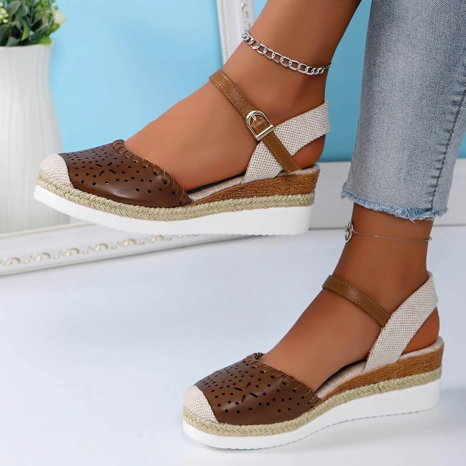 Wedge Sandals for Women Summer Arch Support Orthopedic Sandals, Hollow Open Toe Breathable Sandal Comfortable Ankle Strap Platform Sandal Slip on Outdoor Shoes