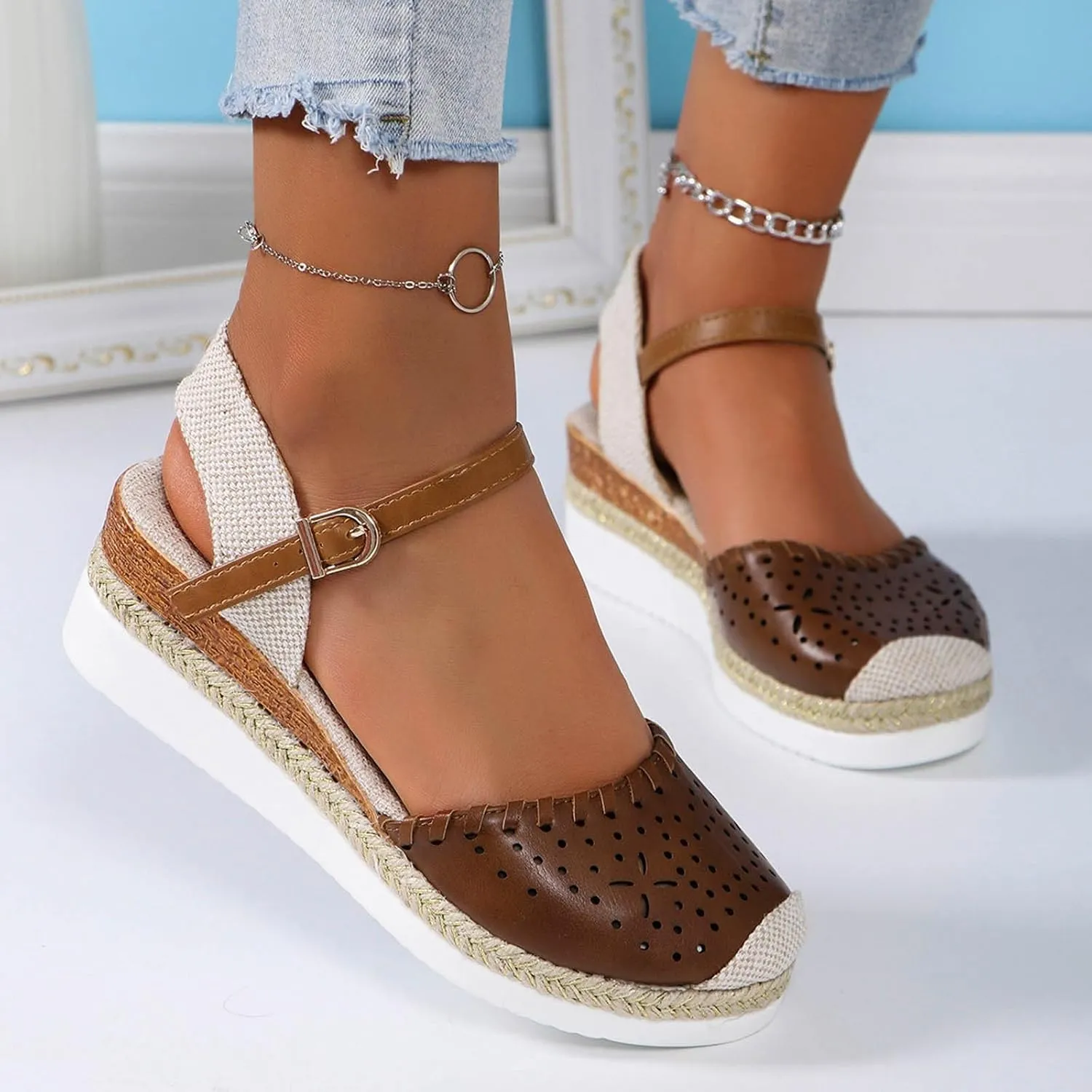 Wedge Sandals for Women Summer Arch Support Orthopedic Sandals, Hollow Open Toe Breathable Sandal Comfortable Ankle Strap Platform Sandal Slip on Outdoor Shoes
