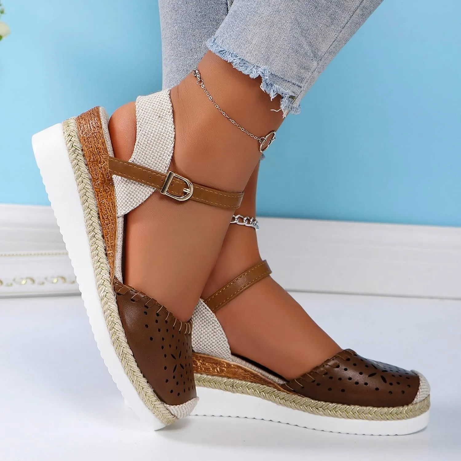 Wedge Sandals for Women Summer Arch Support Orthopedic Sandals, Hollow Open Toe Breathable Sandal Comfortable Ankle Strap Platform Sandal Slip on Outdoor Shoes