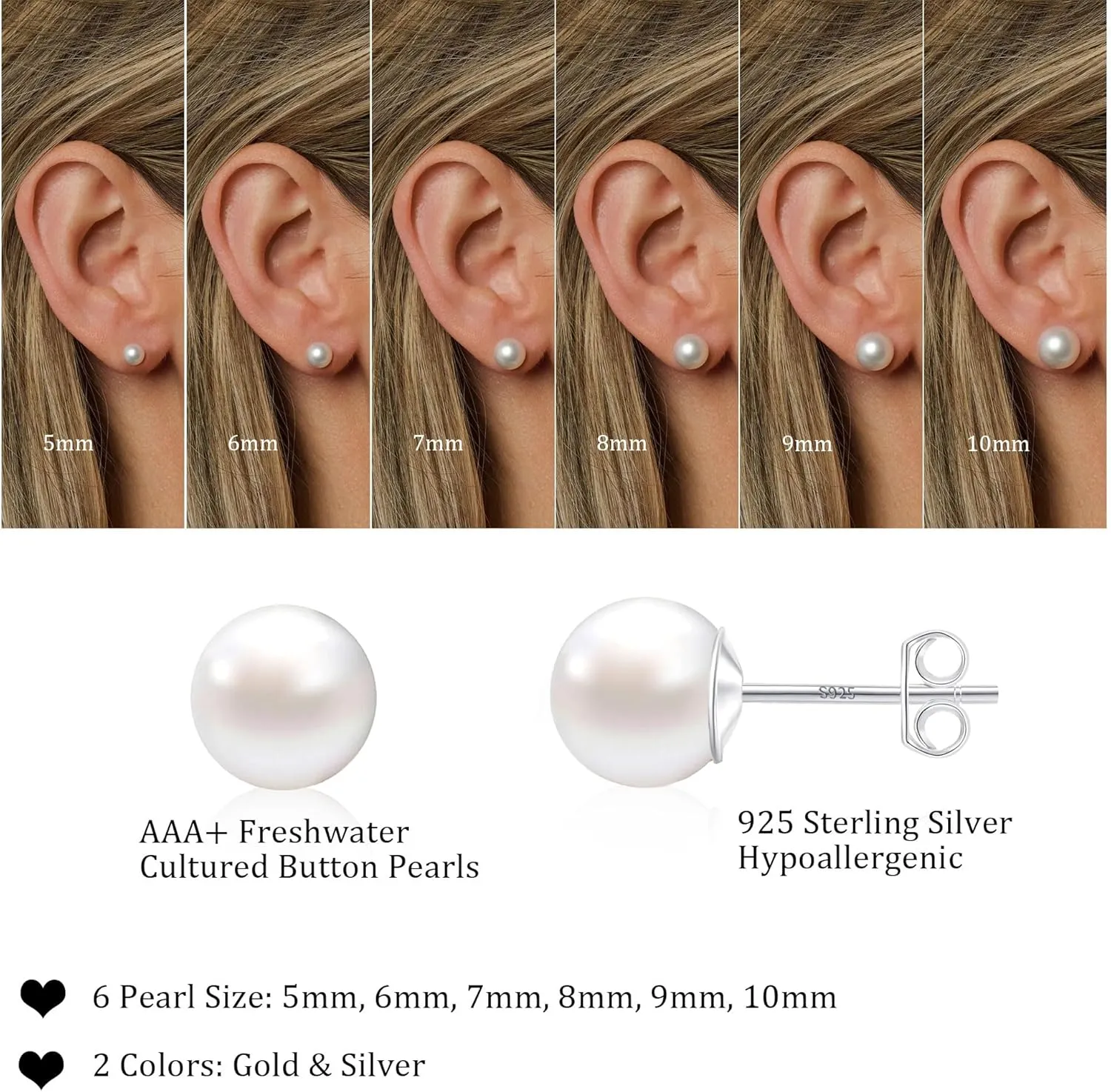 WFYOU Pearl Earrings for Women 925 Sterling Silver Earring 14K Gold Plated Pearls Stud Earrings for Women Trendy White 5 6 7 8 9 10MM Pearl CZ Diamond Hypoallergenic Earring Jewelry Gift