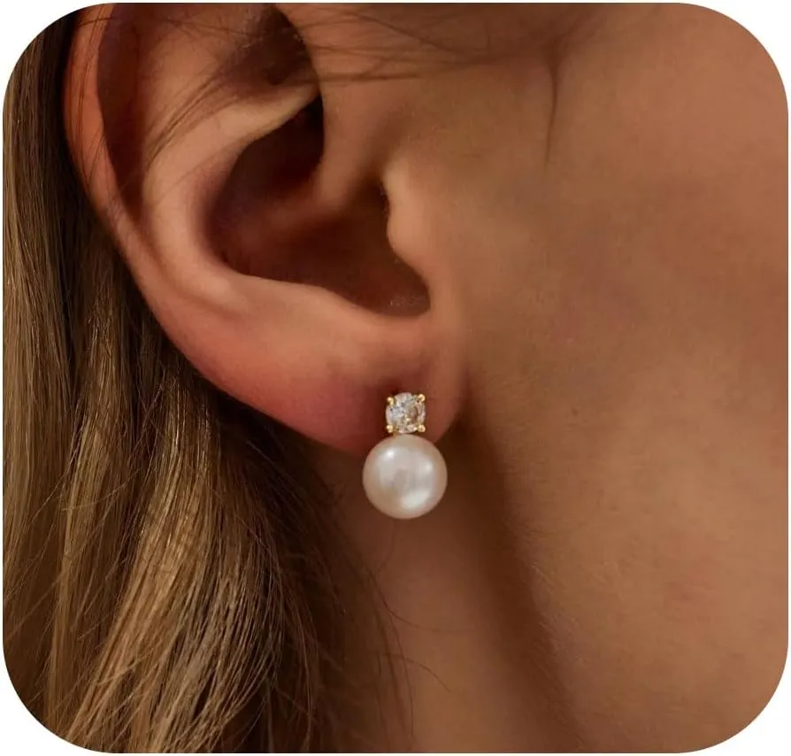 WFYOU Pearl Earrings for Women 925 Sterling Silver Earring 14K Gold Plated Pearls Stud Earrings for Women Trendy White 5 6 7 8 9 10MM Pearl CZ Diamond Hypoallergenic Earring Jewelry Gift
