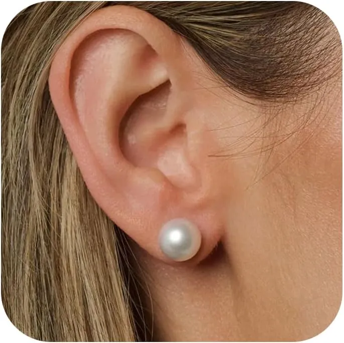 WFYOU Pearl Earrings for Women 925 Sterling Silver Earring 14K Gold Plated Pearls Stud Earrings for Women Trendy White 5 6 7 8 9 10MM Pearl CZ Diamond Hypoallergenic Earring Jewelry Gift