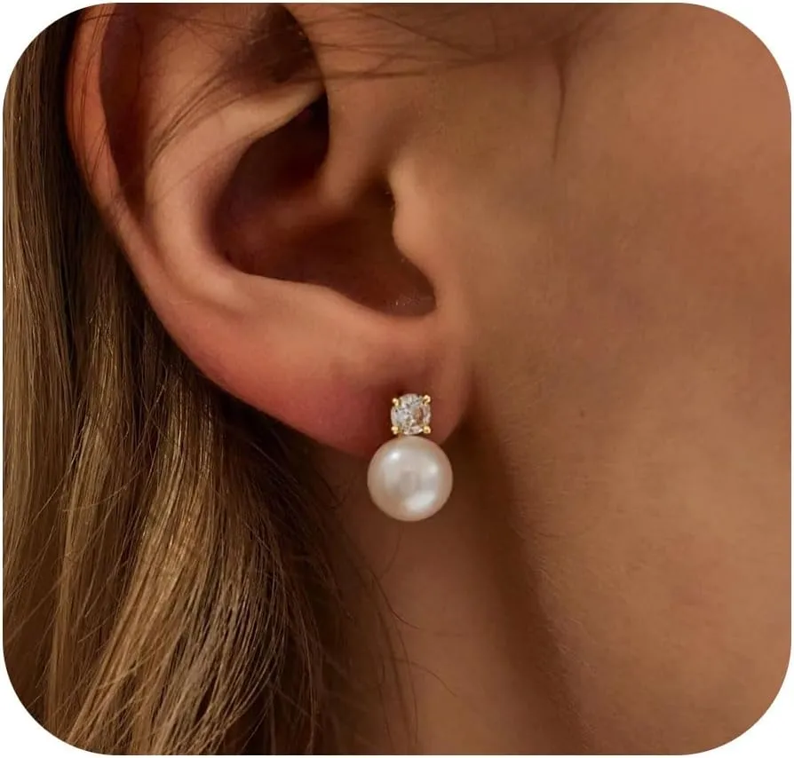 WFYOU Pearl Earrings for Women 925 Sterling Silver Earring 14K Gold Plated Pearls Stud Earrings for Women Trendy White 5 6 7 8 9 10MM Pearl CZ Diamond Hypoallergenic Earring Jewelry Gift