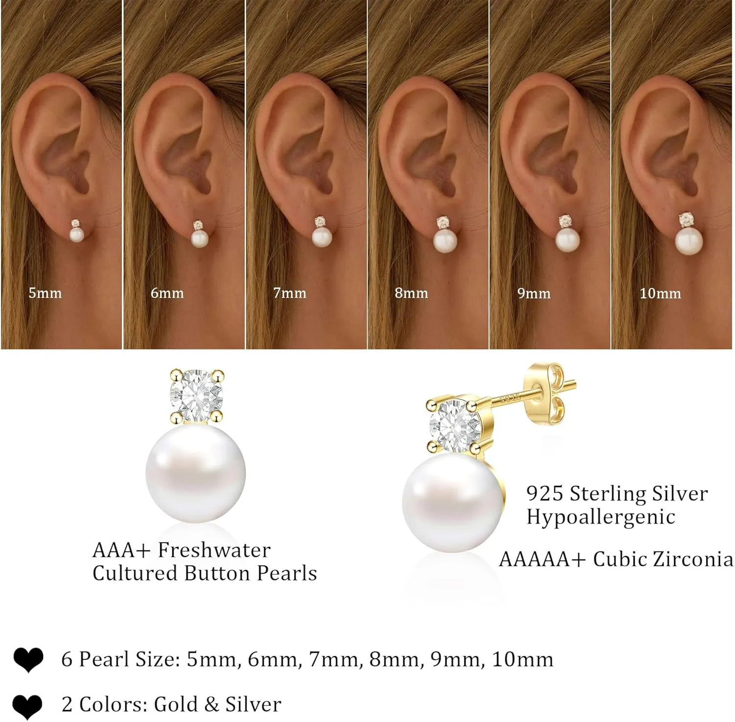 WFYOU Pearl Earrings for Women 925 Sterling Silver Earring 14K Gold Plated Pearls Stud Earrings for Women Trendy White 5 6 7 8 9 10MM Pearl CZ Diamond Hypoallergenic Earring Jewelry Gift