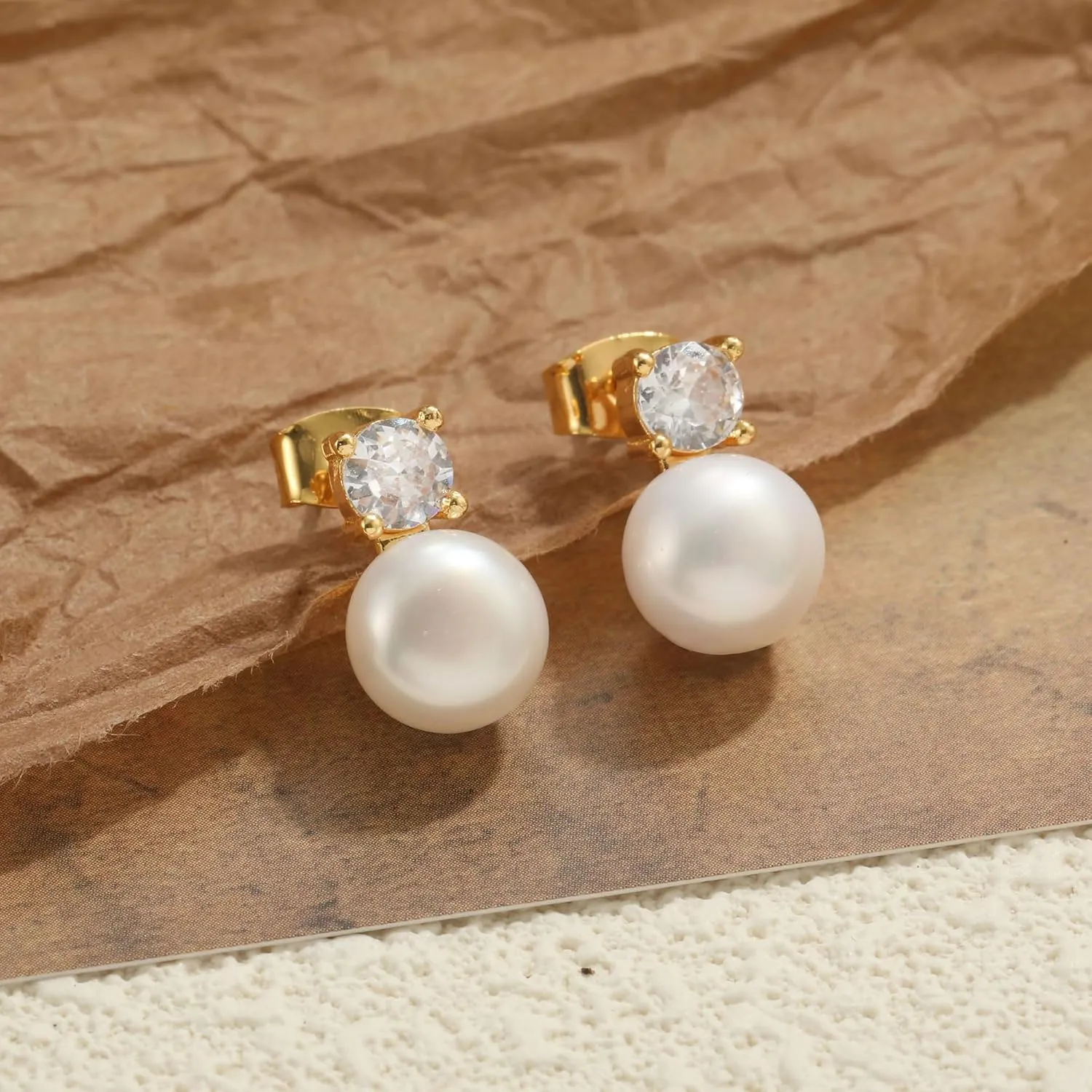 WFYOU Pearl Earrings for Women 925 Sterling Silver Earring 14K Gold Plated Pearls Stud Earrings for Women Trendy White 5 6 7 8 9 10MM Pearl CZ Diamond Hypoallergenic Earring Jewelry Gift