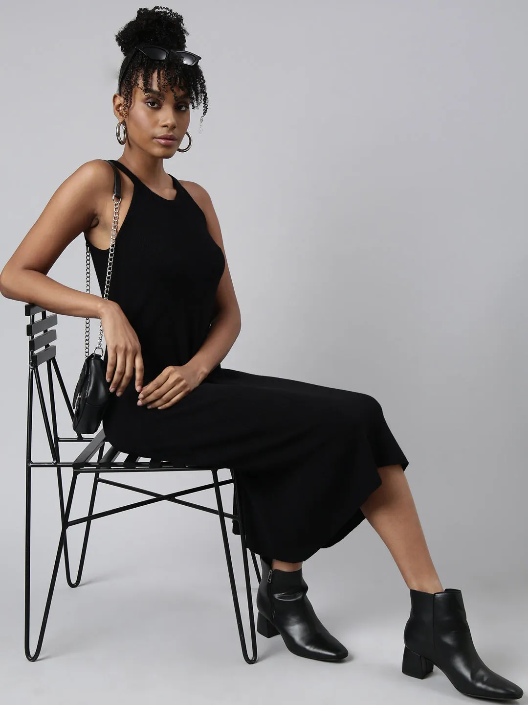 Women Black Round Neck Sleeveless A-Line Midi Dress