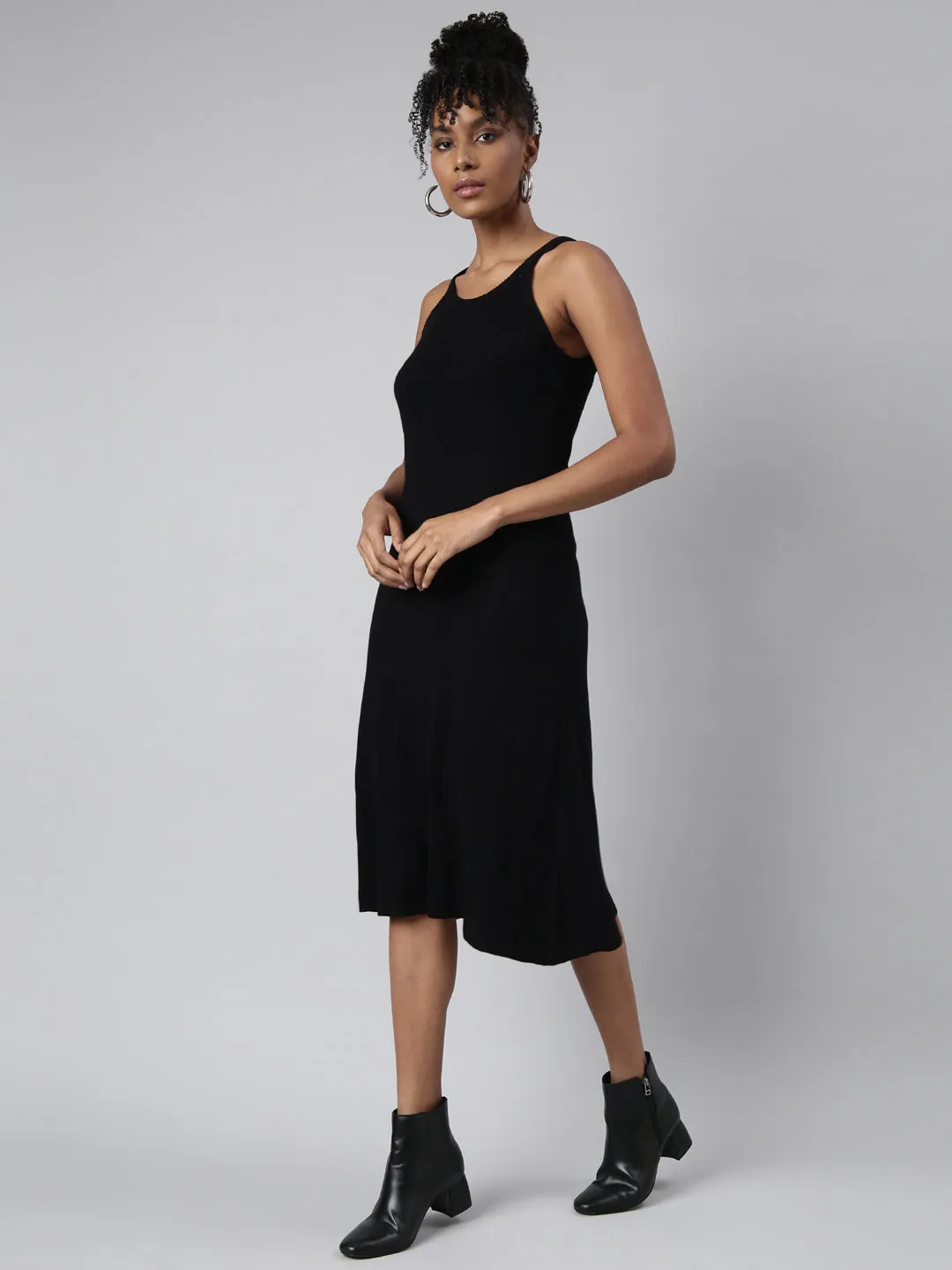 Women Black Round Neck Sleeveless A-Line Midi Dress