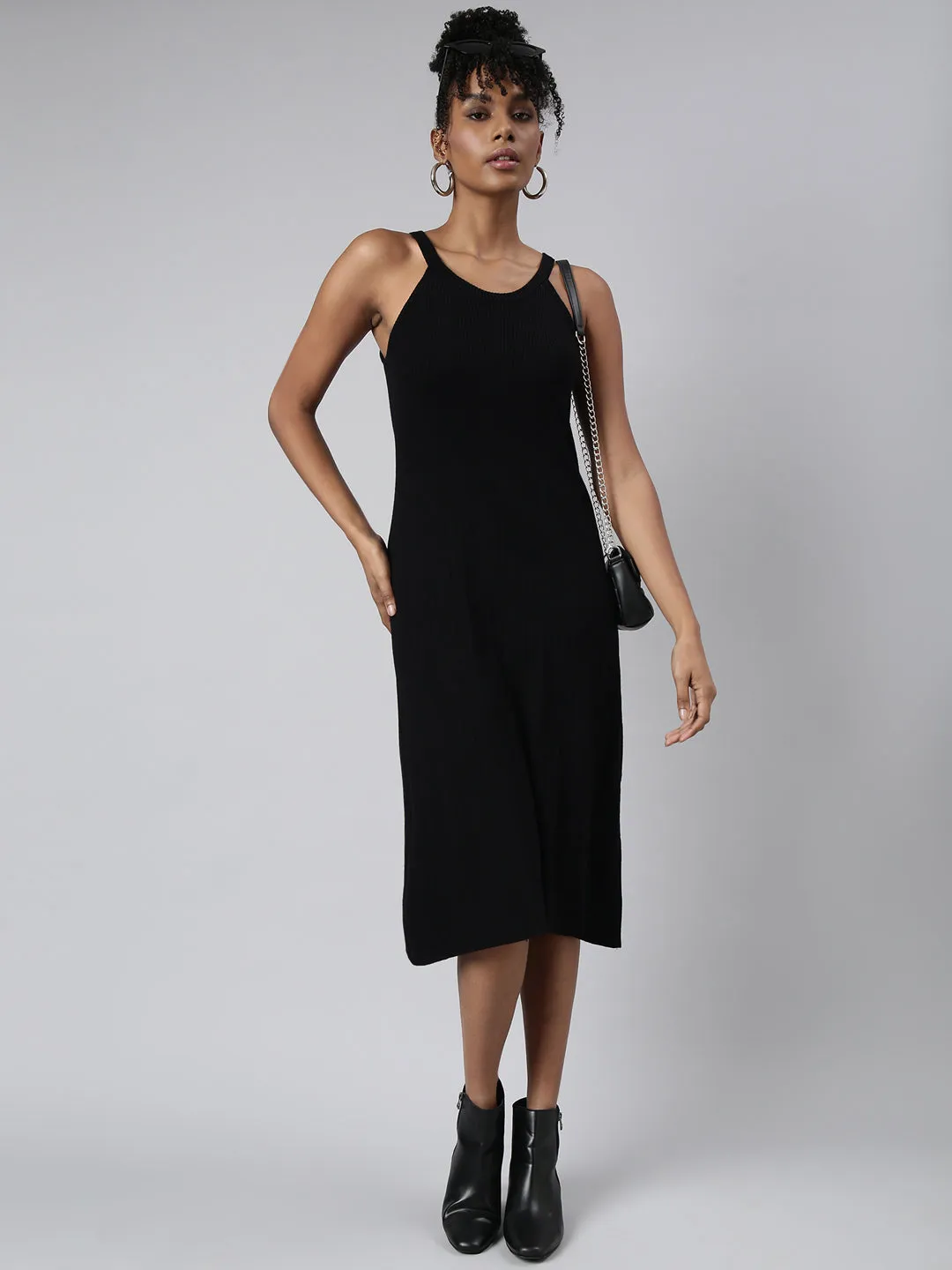 Women Black Round Neck Sleeveless A-Line Midi Dress