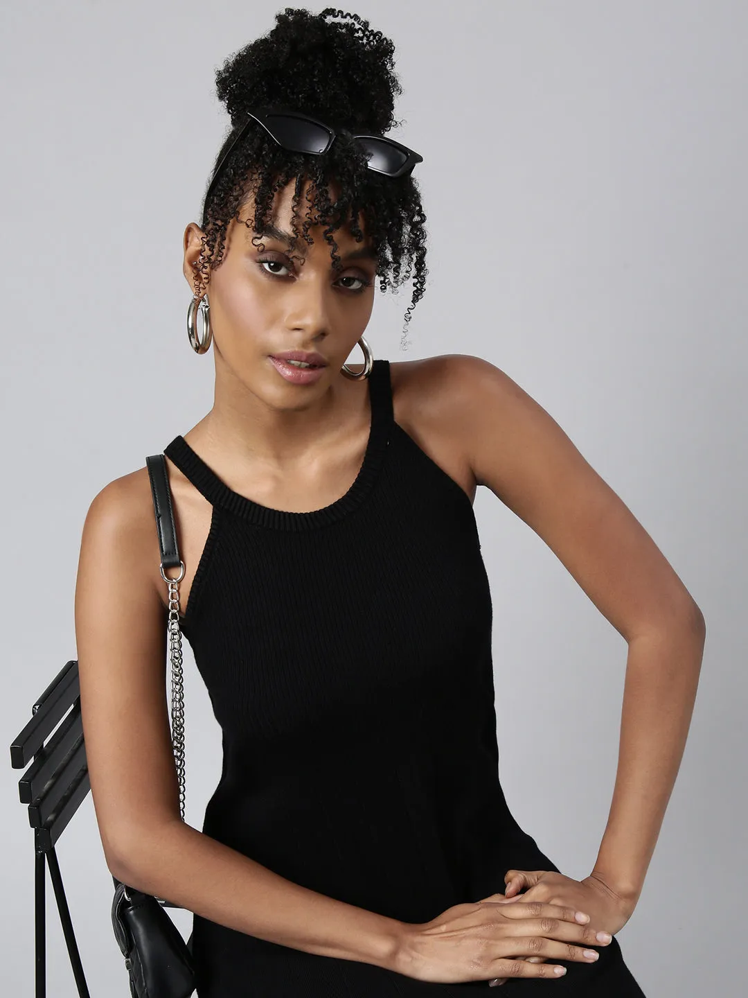 Women Black Round Neck Sleeveless A-Line Midi Dress