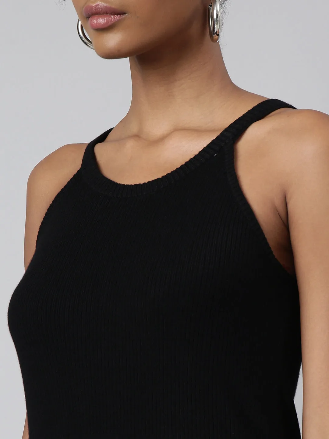 Women Black Round Neck Sleeveless A-Line Midi Dress