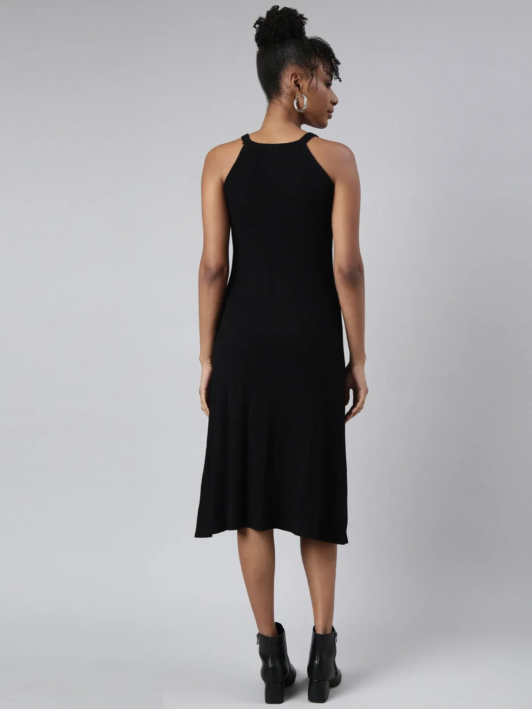 Women Black Round Neck Sleeveless A-Line Midi Dress