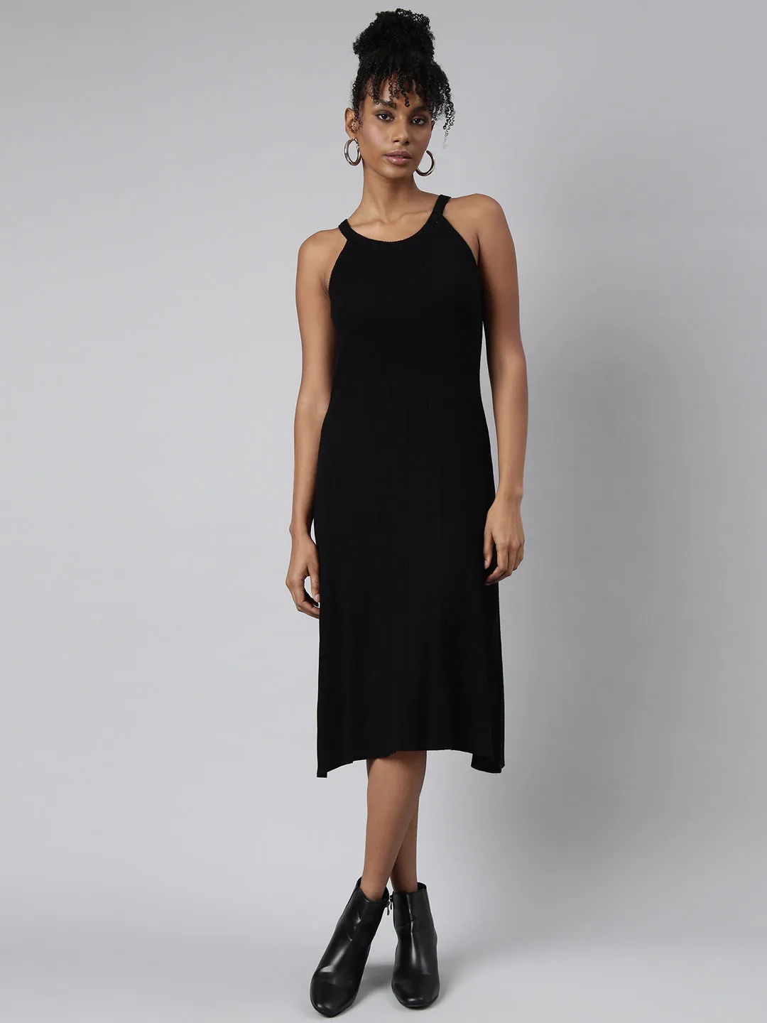 Women Black Round Neck Sleeveless A-Line Midi Dress