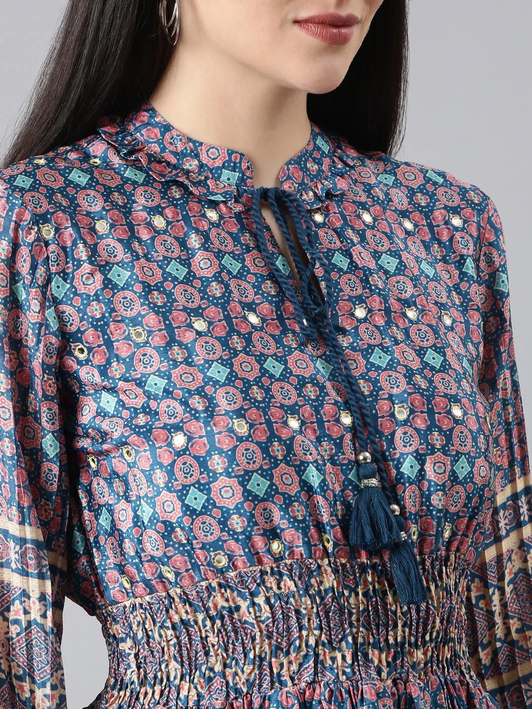 Women Blue Geometrical Fit and Flare Dress
