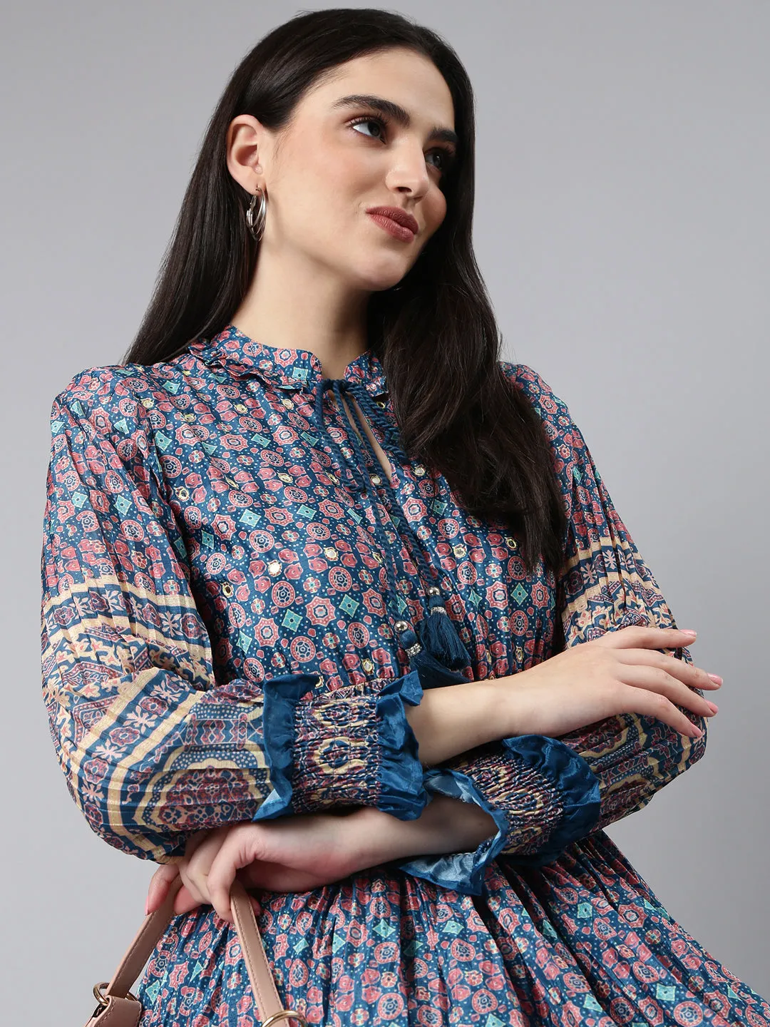 Women Blue Geometrical Fit and Flare Dress