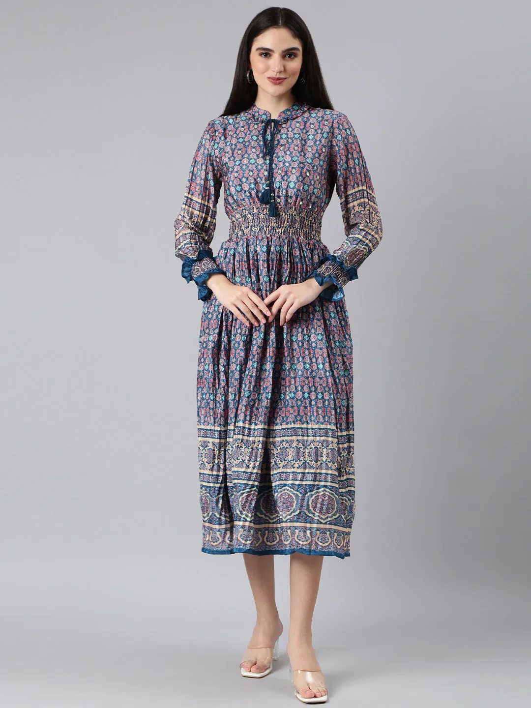 Women Blue Geometrical Fit and Flare Dress