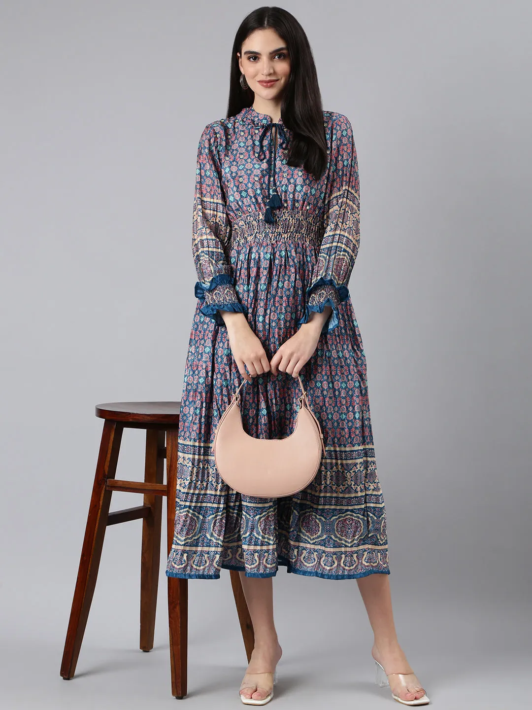 Women Blue Geometrical Fit and Flare Dress