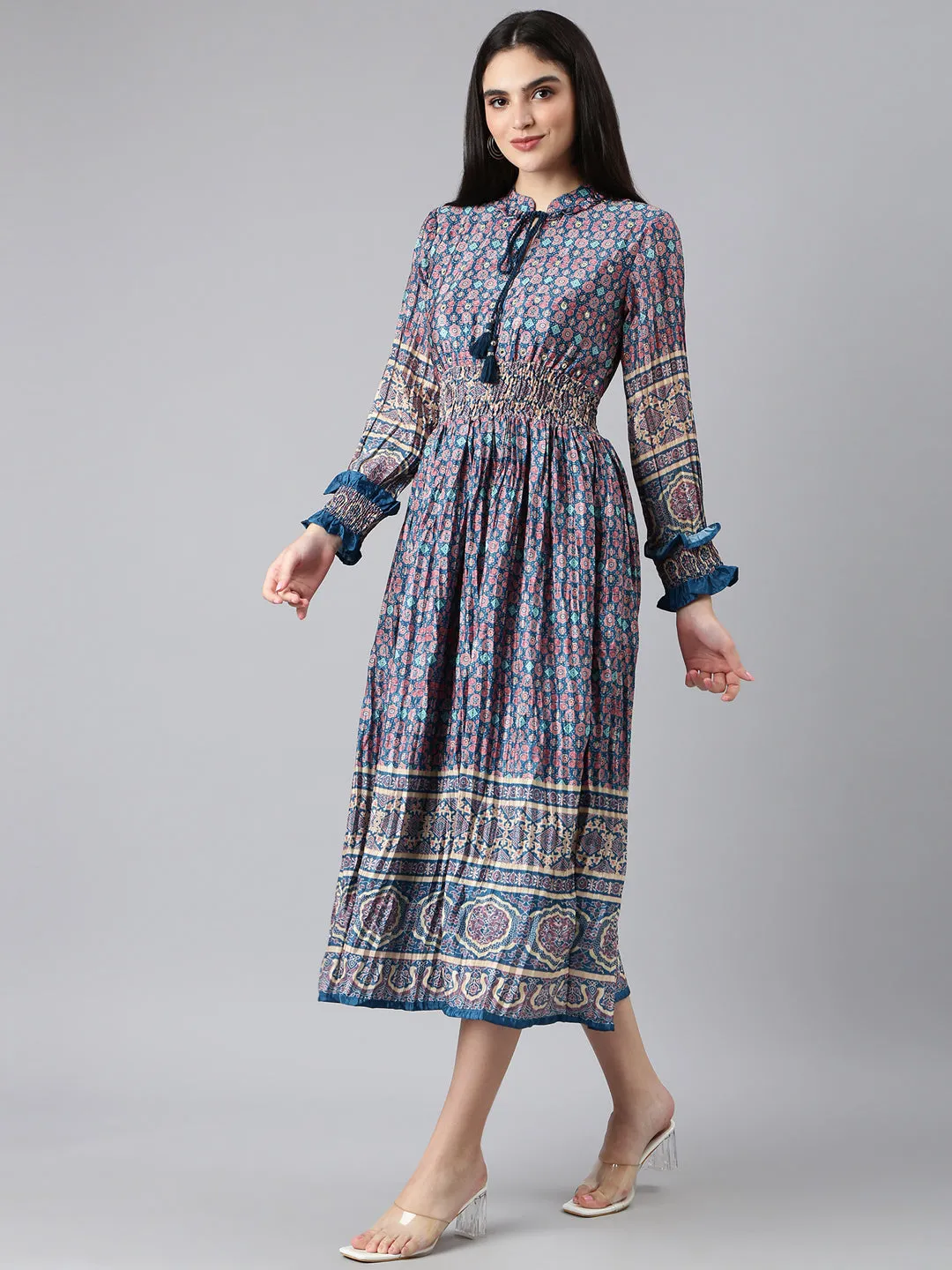 Women Blue Geometrical Fit and Flare Dress