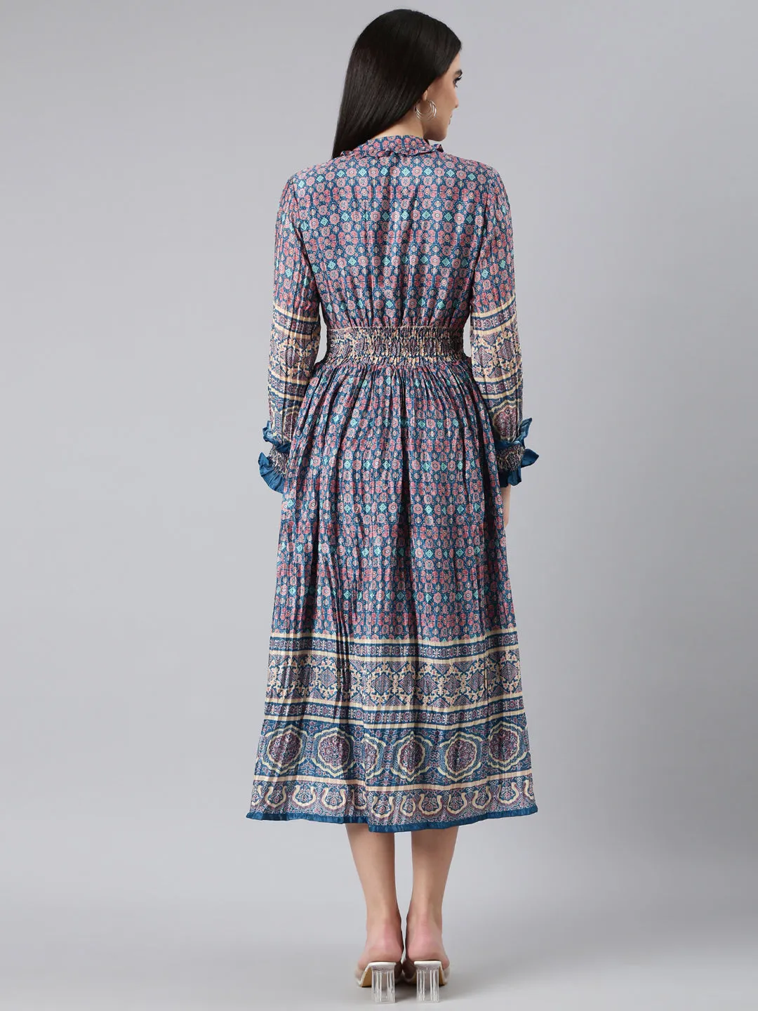 Women Blue Geometrical Fit and Flare Dress