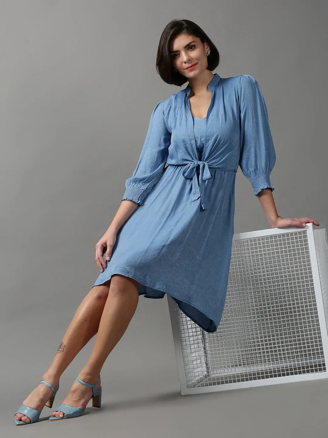Women Blue Solid Knee Length Cotton Dress With Shrug