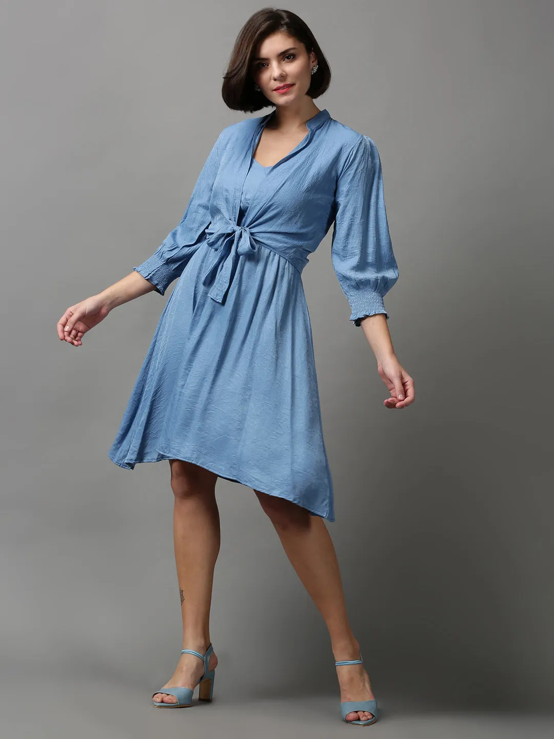 Women Blue Solid Knee Length Cotton Dress With Shrug