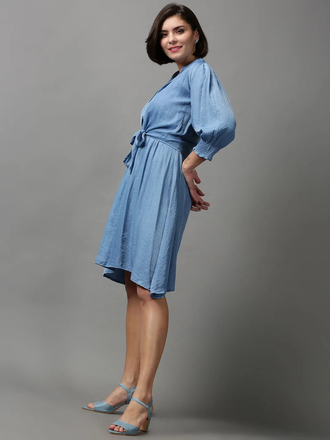 Women Blue Solid Knee Length Cotton Dress With Shrug