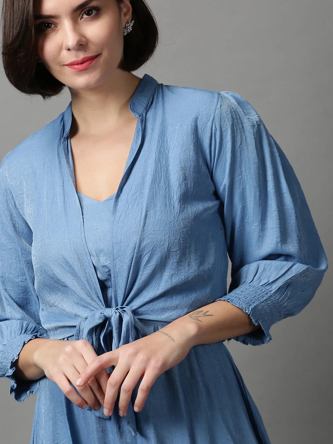 Women Blue Solid Knee Length Cotton Dress With Shrug