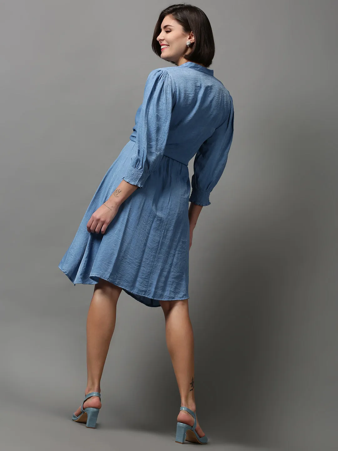 Women Blue Solid Knee Length Cotton Dress With Shrug