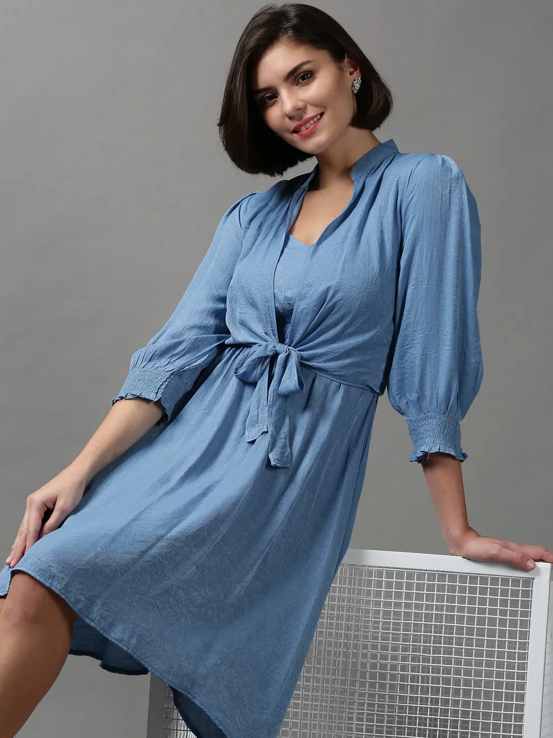 Women Blue Solid Knee Length Cotton Dress With Shrug