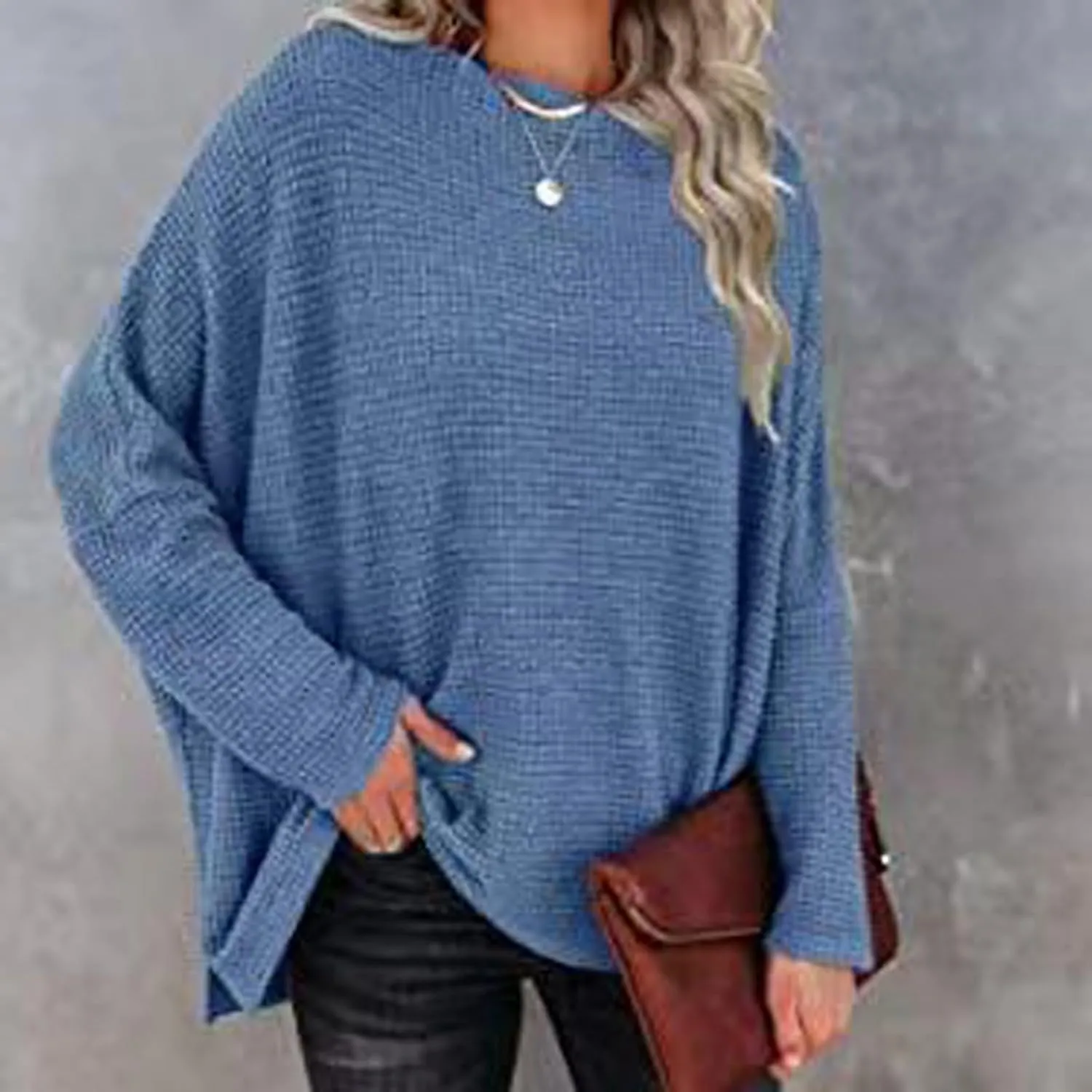 Women Off The Shoulder Sweater Top Oversized Waffle Knit Shirt Long Sleeve Boat Neck Batwing Tunic Pullover Sweaters