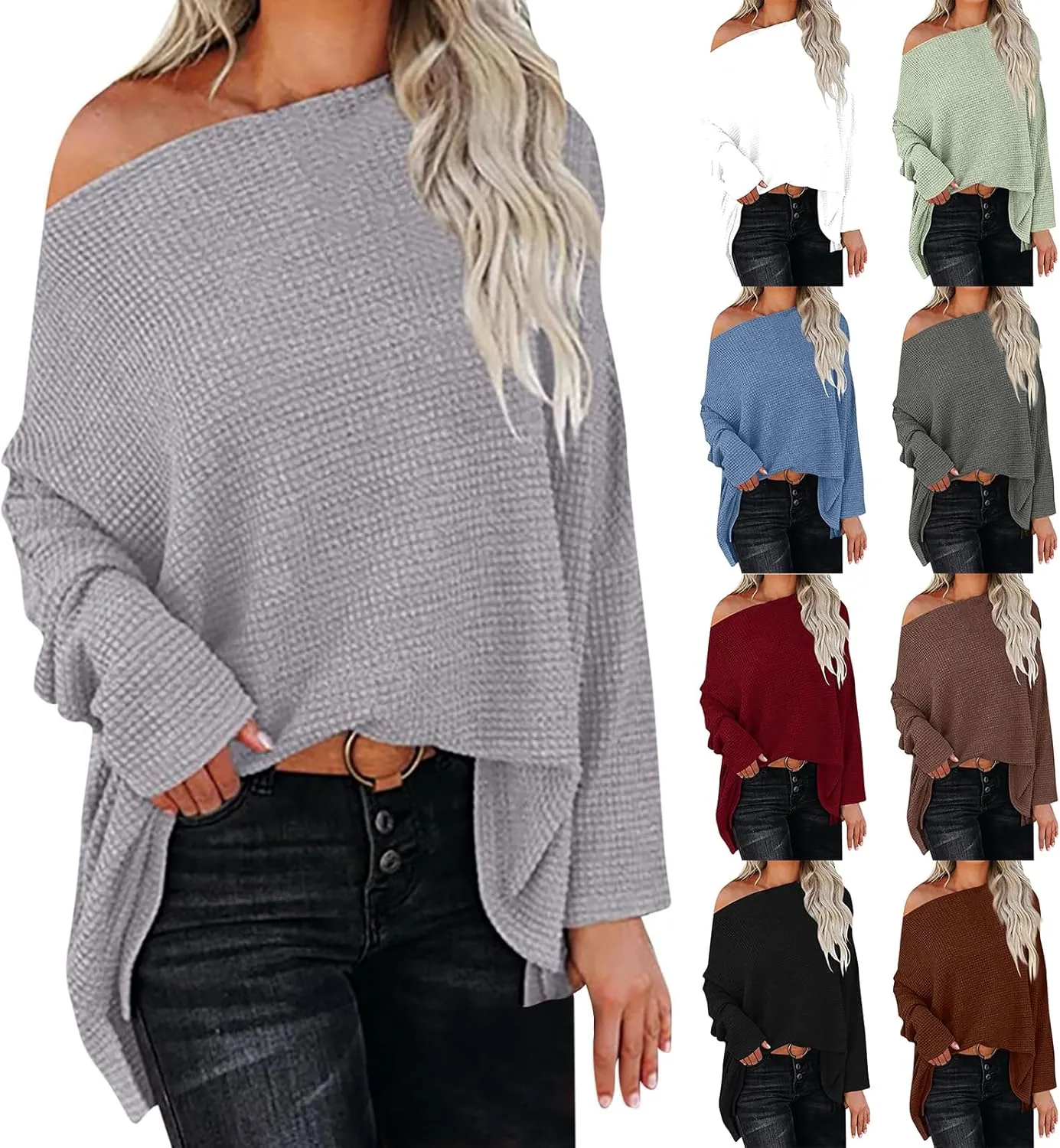 Women Off The Shoulder Sweater Top Oversized Waffle Knit Shirt Long Sleeve Boat Neck Batwing Tunic Pullover Sweaters