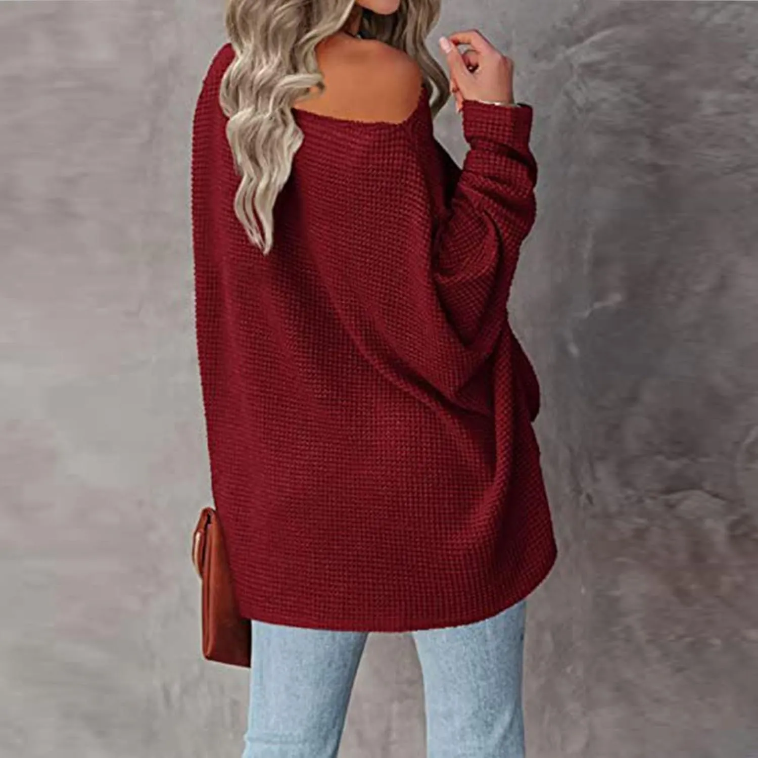Women Off The Shoulder Sweater Top Oversized Waffle Knit Shirt Long Sleeve Boat Neck Batwing Tunic Pullover Sweaters
