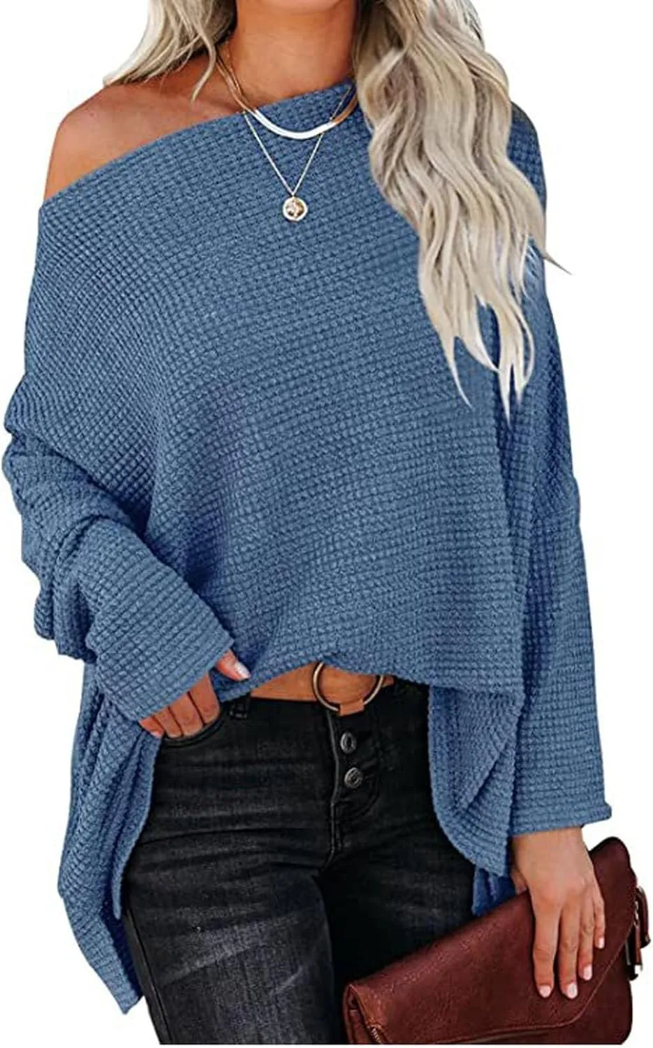 Women Off The Shoulder Sweater Top Oversized Waffle Knit Shirt Long Sleeve Boat Neck Batwing Tunic Pullover Sweaters