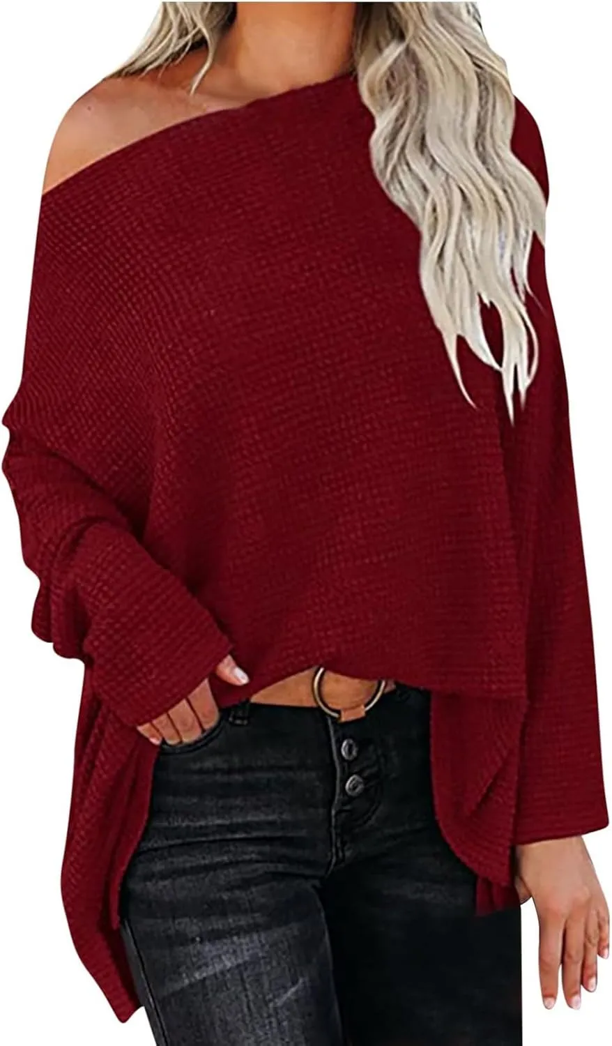 Women Off The Shoulder Sweater Top Oversized Waffle Knit Shirt Long Sleeve Boat Neck Batwing Tunic Pullover Sweaters